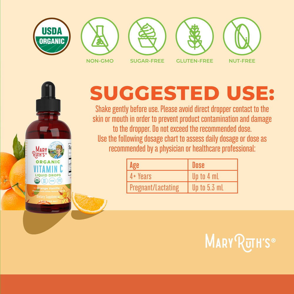 MaryRuth Organics Vitamin C drops label highlights organic, vegan, non-GMO credentials