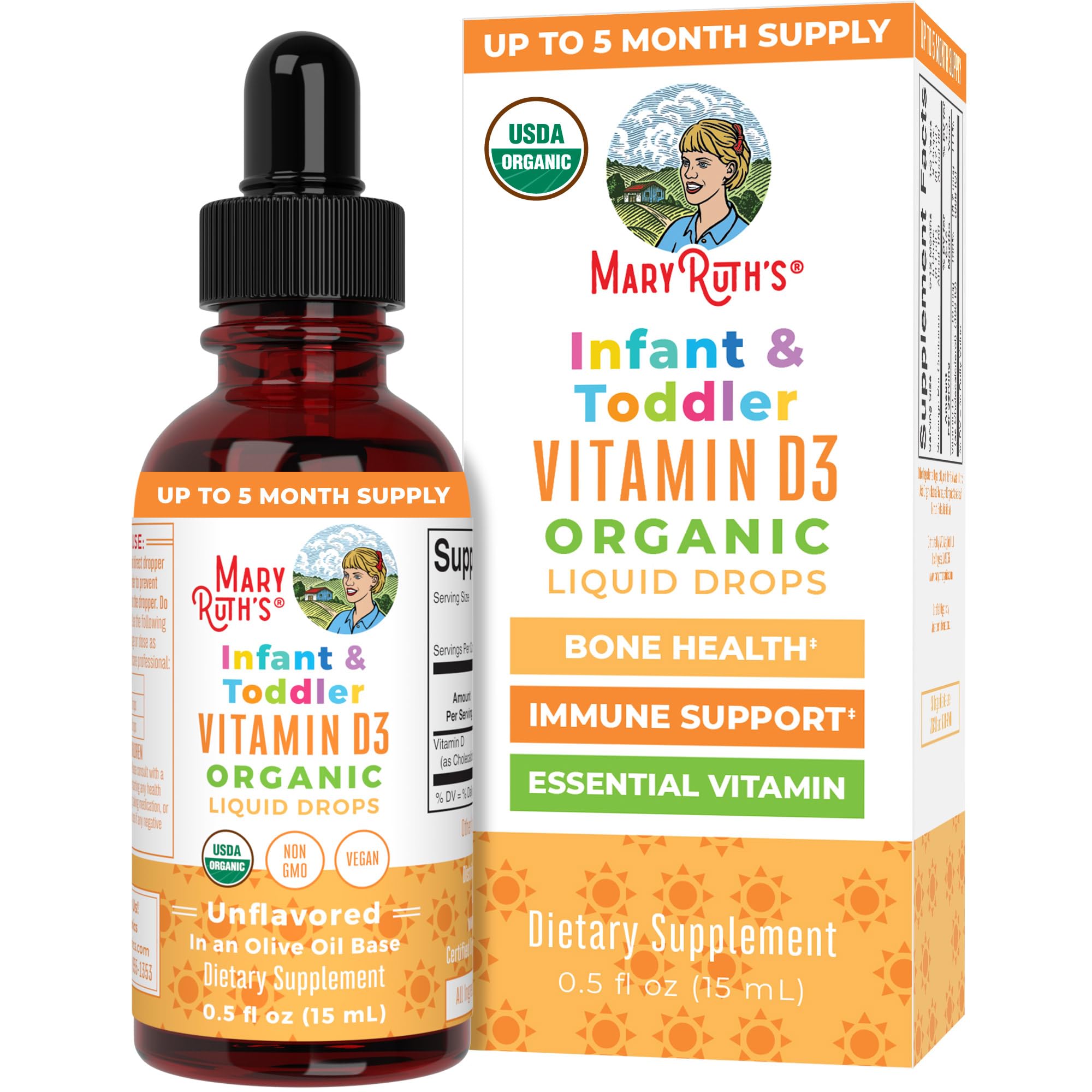 MaryRuth Organics Vitamin D Drops infant bottle pour supports daily vitamin D intake for little ones