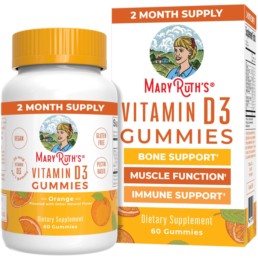MaryRuth Organics Vitamin D3 Gummies bottle shows vegan non-GMO bone support formula.
