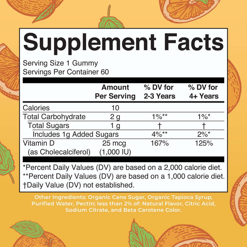 Closeup of orange gummies highlights daily vitamin D3 for immune support.