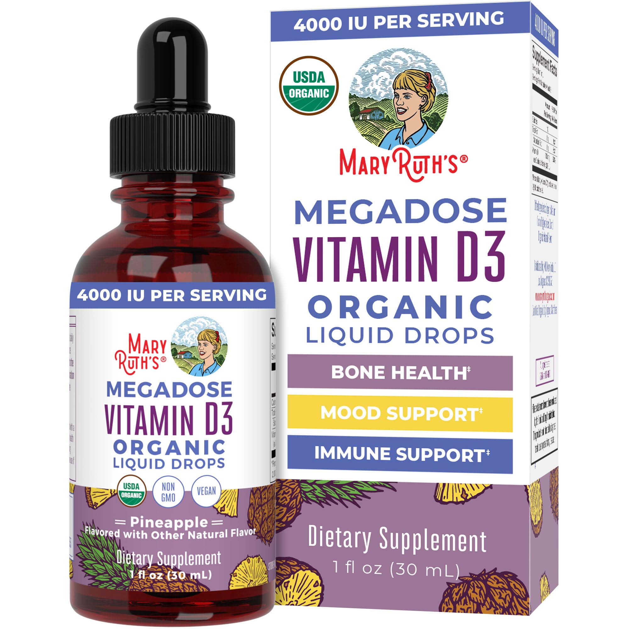 MaryRuth Organics Vitamin D3 liquid drops bottle for easy daily dosing.