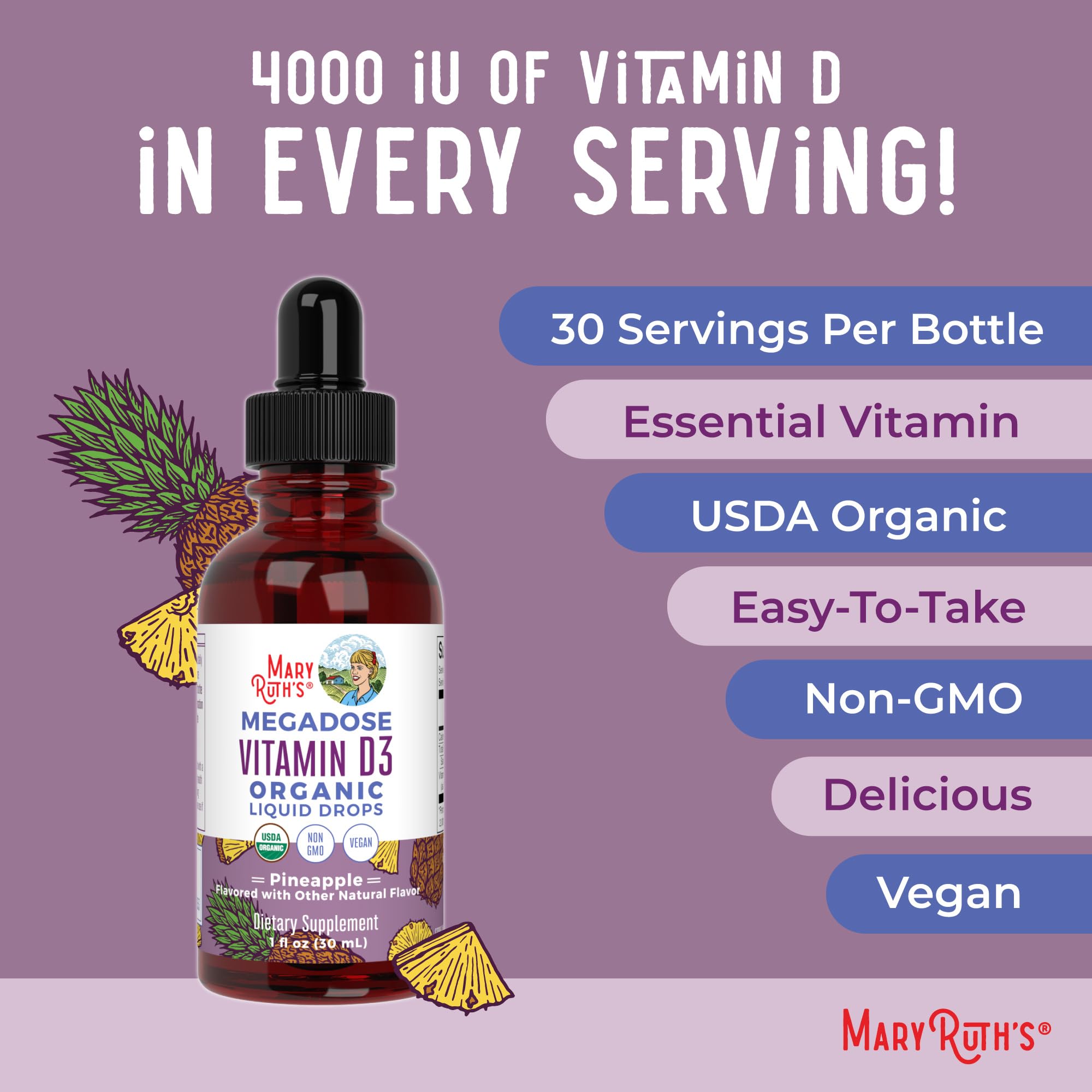 MaryRuth Organics Vitamin D3 bottle shown with GMP facility reference for quality.