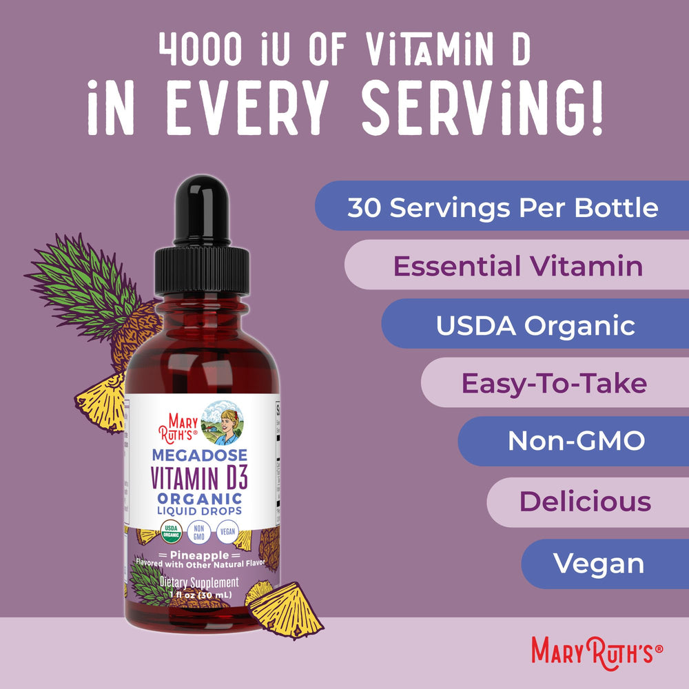 MaryRuth Organics Vitamin D3 bottle shown with GMP facility reference for quality.