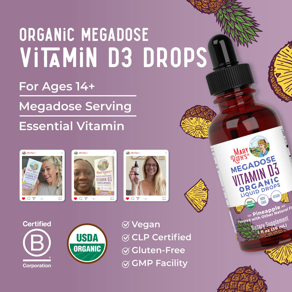 MaryRuth Organics Vitamin D3 liquid drops dose-by-dose pouring into mouth for easy daily intake.