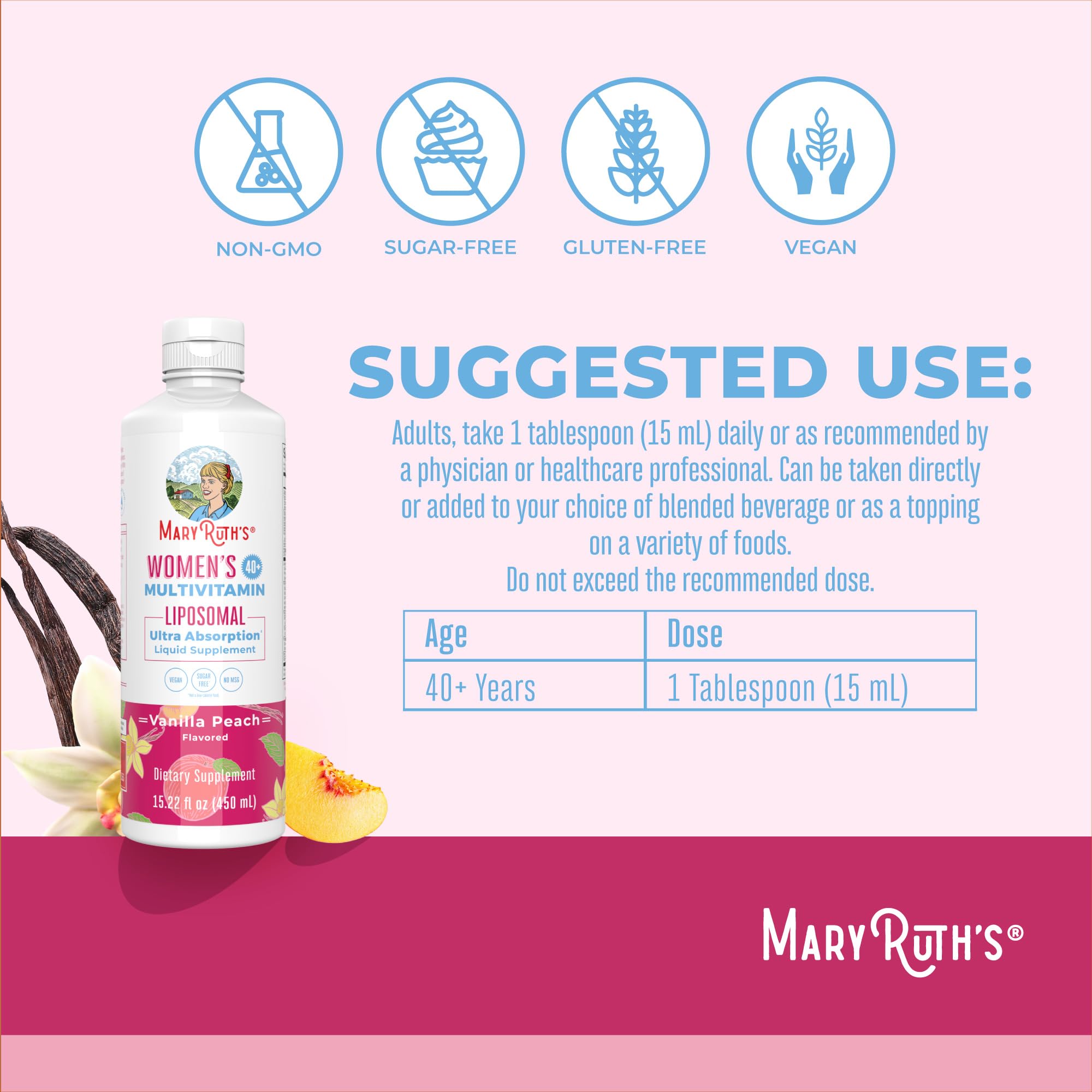 Close-up of MaryRuth Organics label showing vegan and non-GMO credentials