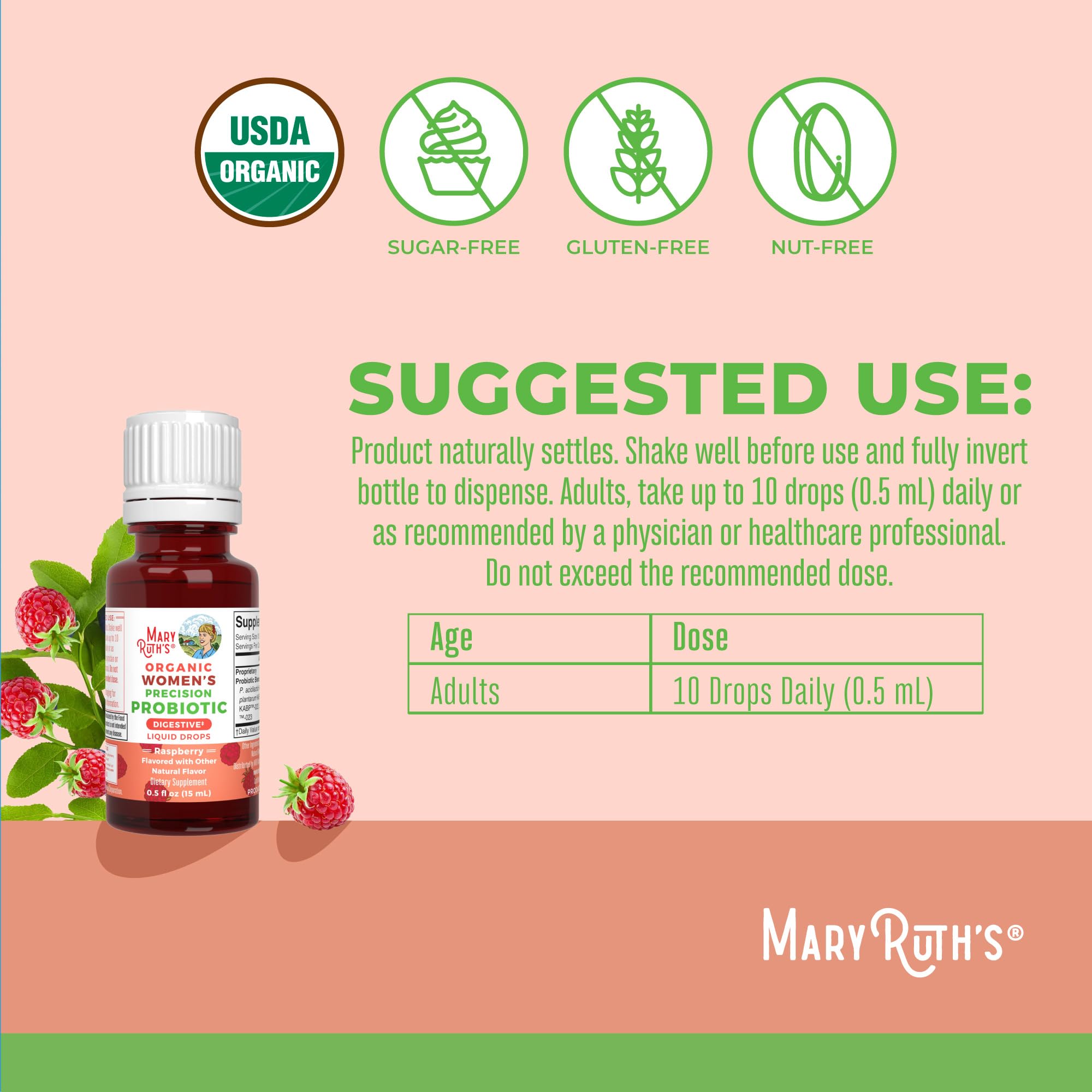 MaryRuth Organics raspberry-flavored drops offer tasty routine probiotic support.