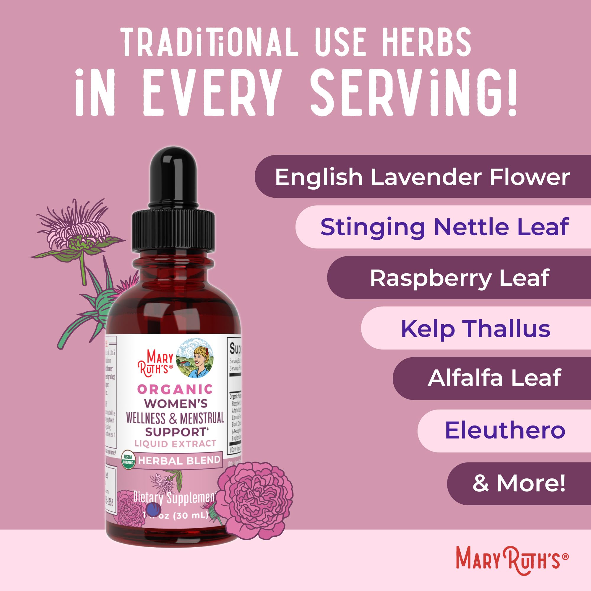 MaryRuth Organics bottle with 30 servings per bottle label.