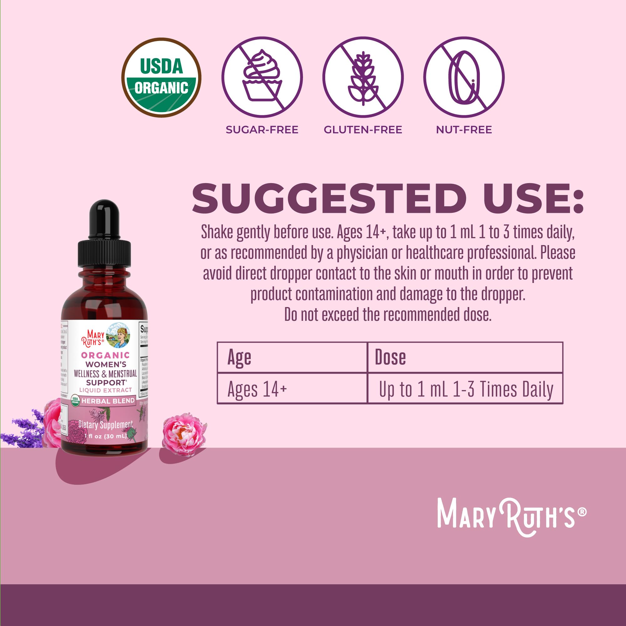 MaryRuth Organics label highlights organic, vegan, and Non-GMO certifications.