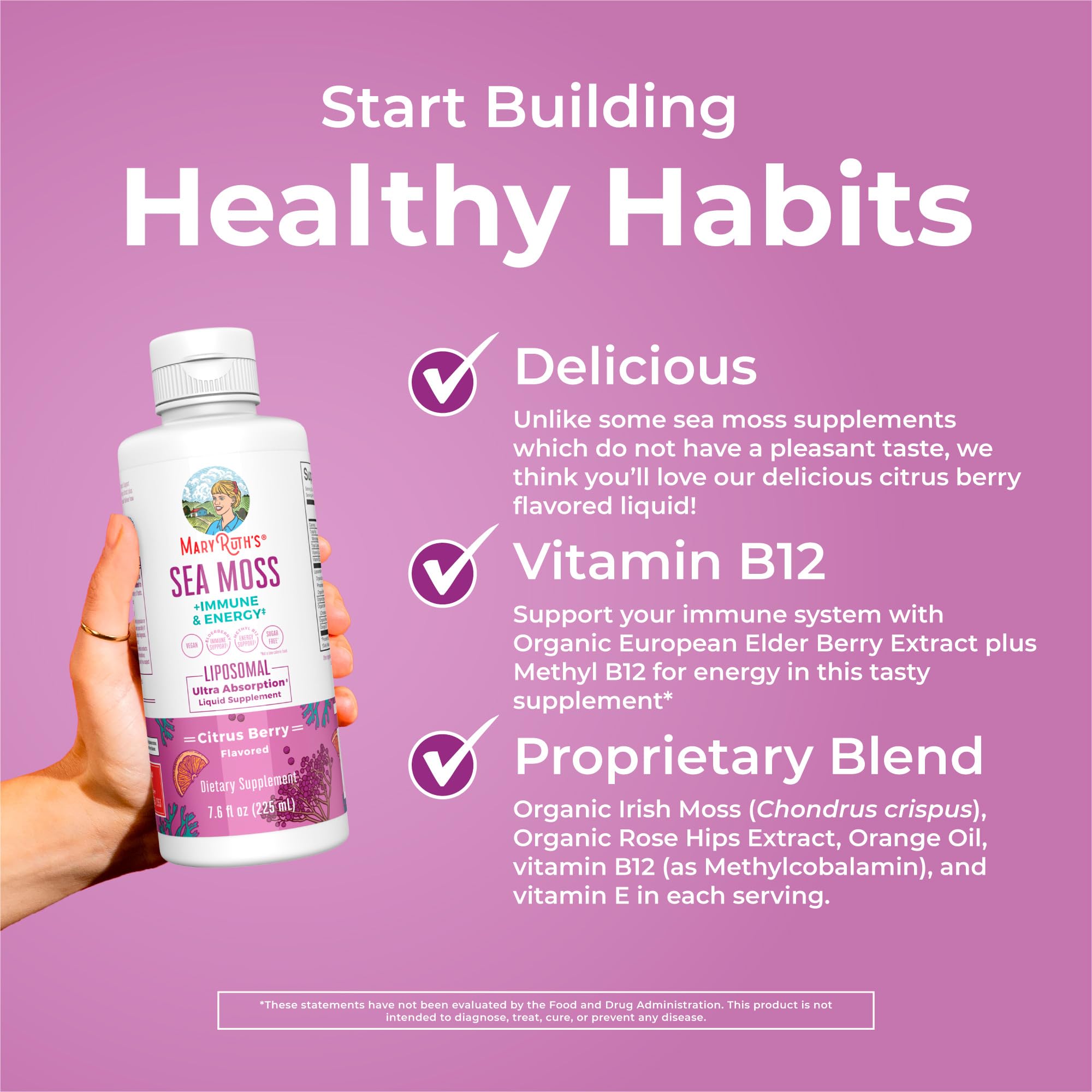 MaryRuth Sea Moss liposomal vitamin B12 closeup emphasizes citrus-flavor enjoyment