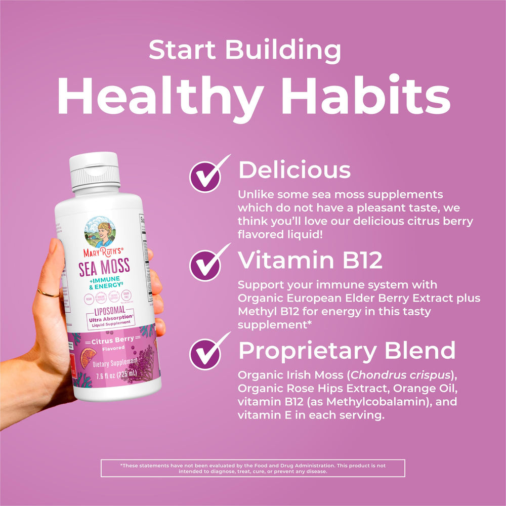 MaryRuth Sea Moss liposomal vitamin B12 closeup emphasizes citrus-flavor enjoyment