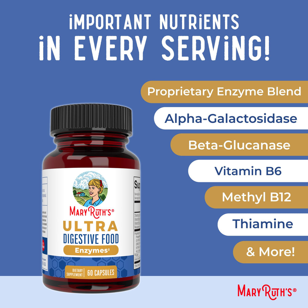 MaryRuth Ultra Digestive Enzymes ingredients chart with broad enzyme mix.