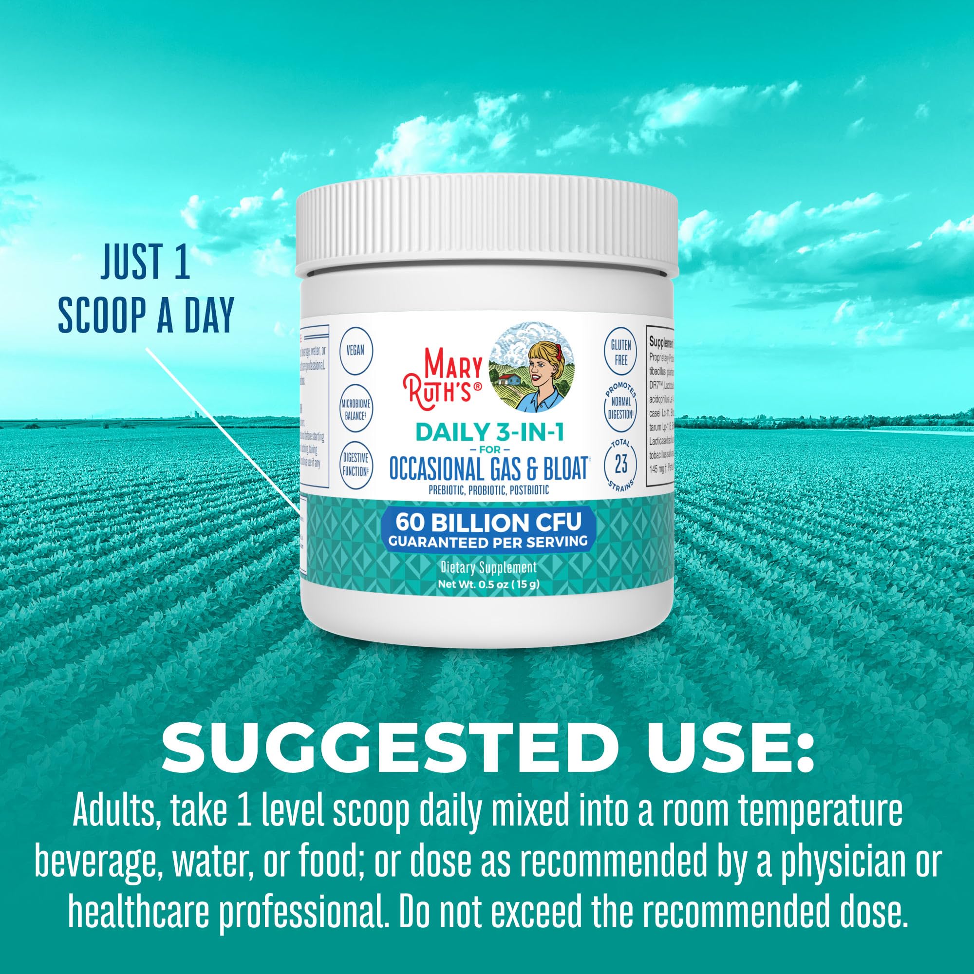 Label showcases vegan, dairy-free, and gluten-free features of MaryRuth’s probiotic powder.