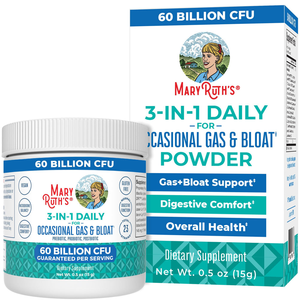MaryRuth’s 3-in-1 Gas & Bloat probiotic powder tub for easy daily digestion.