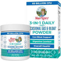 MaryRuth’s 3-in-1 Gas & Bloat probiotic powder tub for easy daily digestion.
