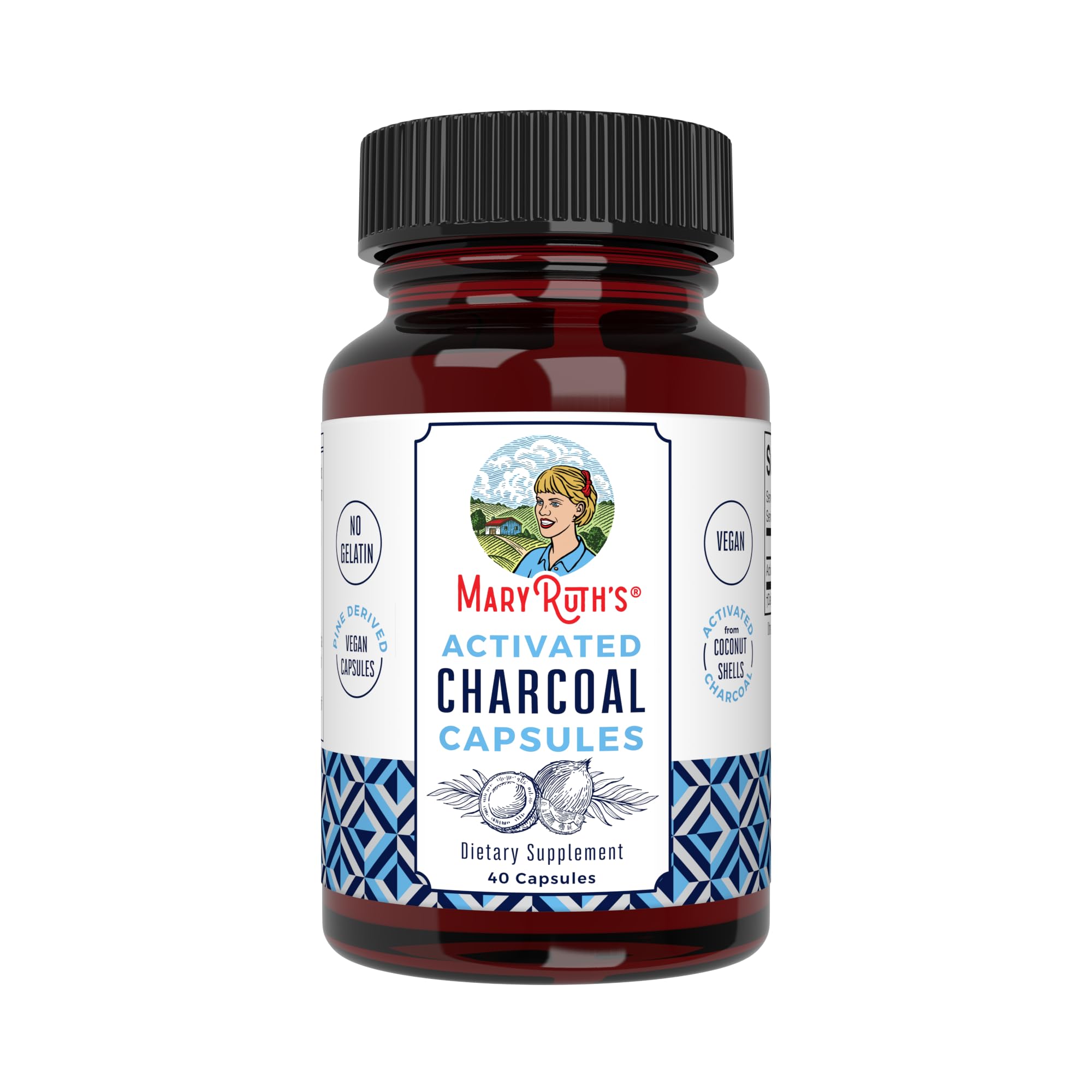 MaryRuth's carbón activado en botella, cápsulas veganas para uso ocasional y cómodo.