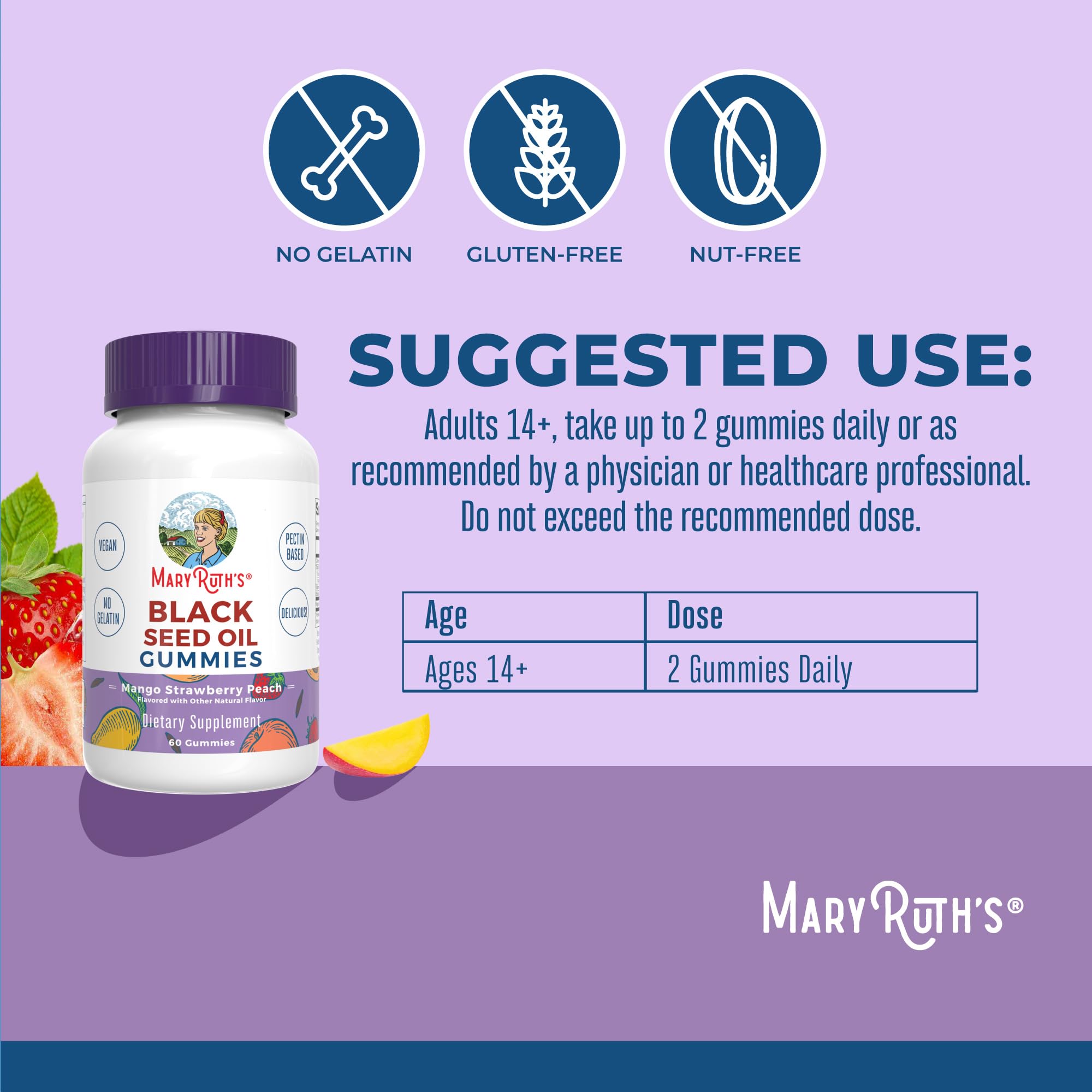 MaryRuth's Black Seed Oil gummies bottle pour highlights convenient, flavor-packed routine.