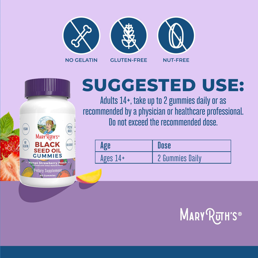 MaryRuth's Black Seed Oil gummies bottle pour highlights convenient, flavor-packed routine.