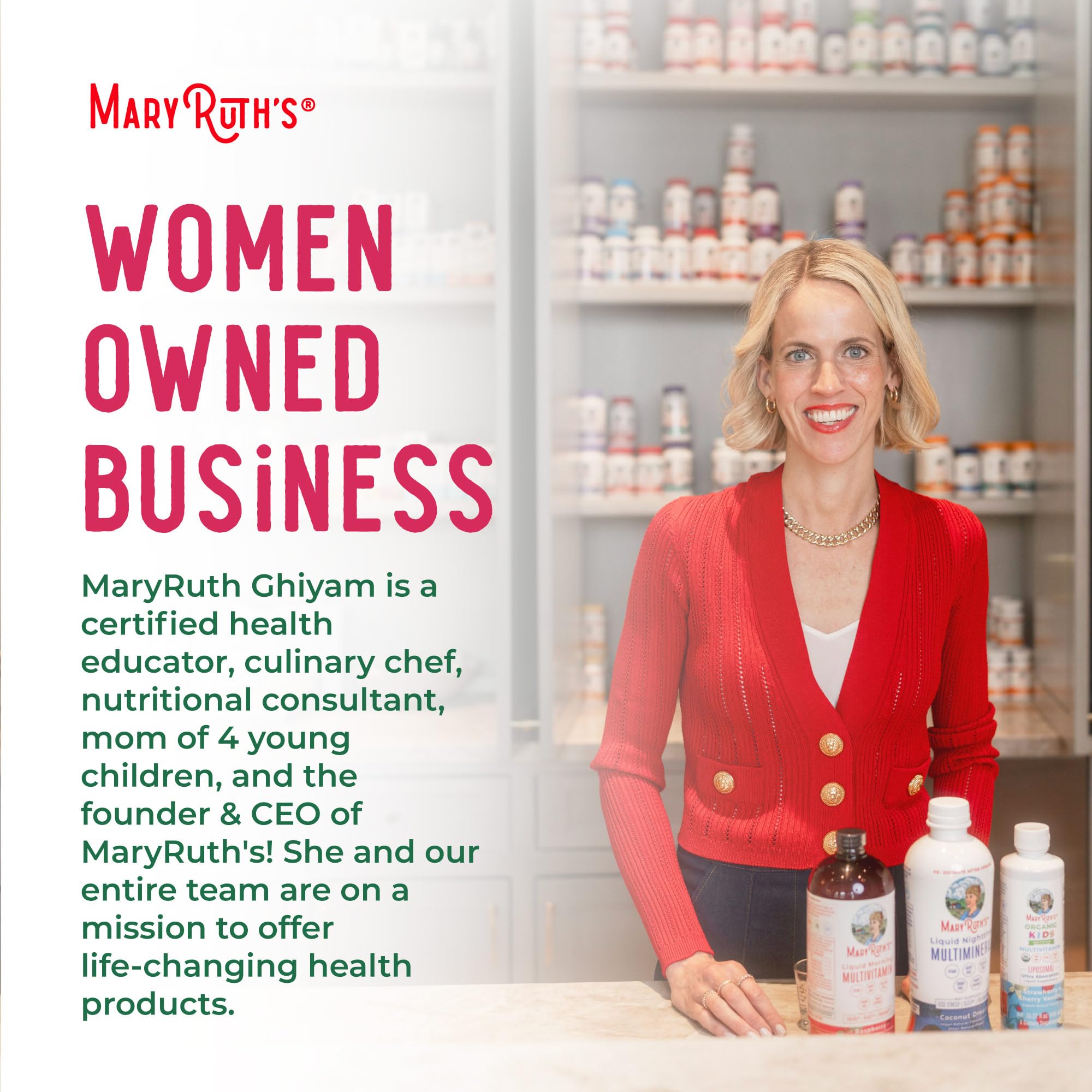 MaryRuth's bottle with dosage markings demonstrates easy two-tablespoon daily serving.