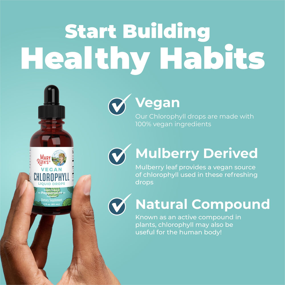 MaryRuth's Chlorophyll Drops bottle with mint flavor detail for easy mixing