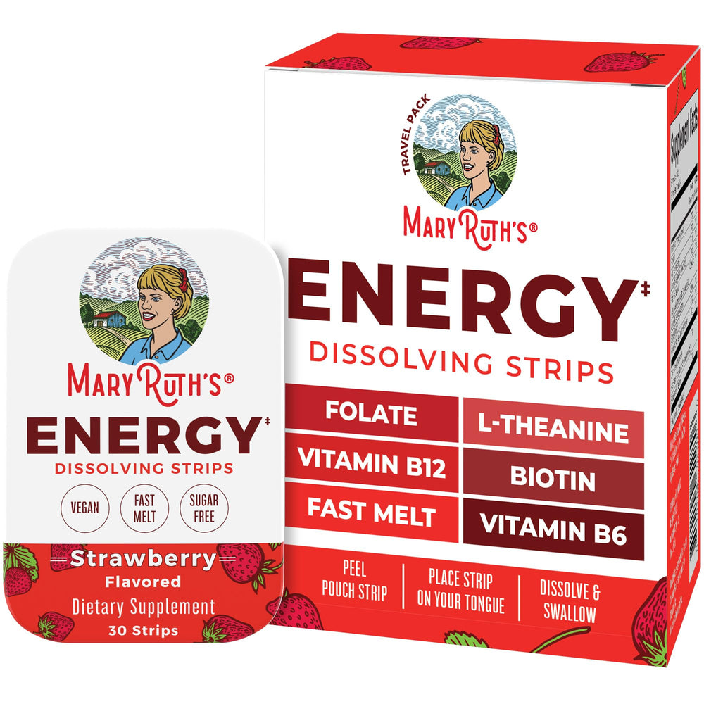 MaryRuth Organics Energy Dissolving Strips strawberry packaging for easy on-the-go energy