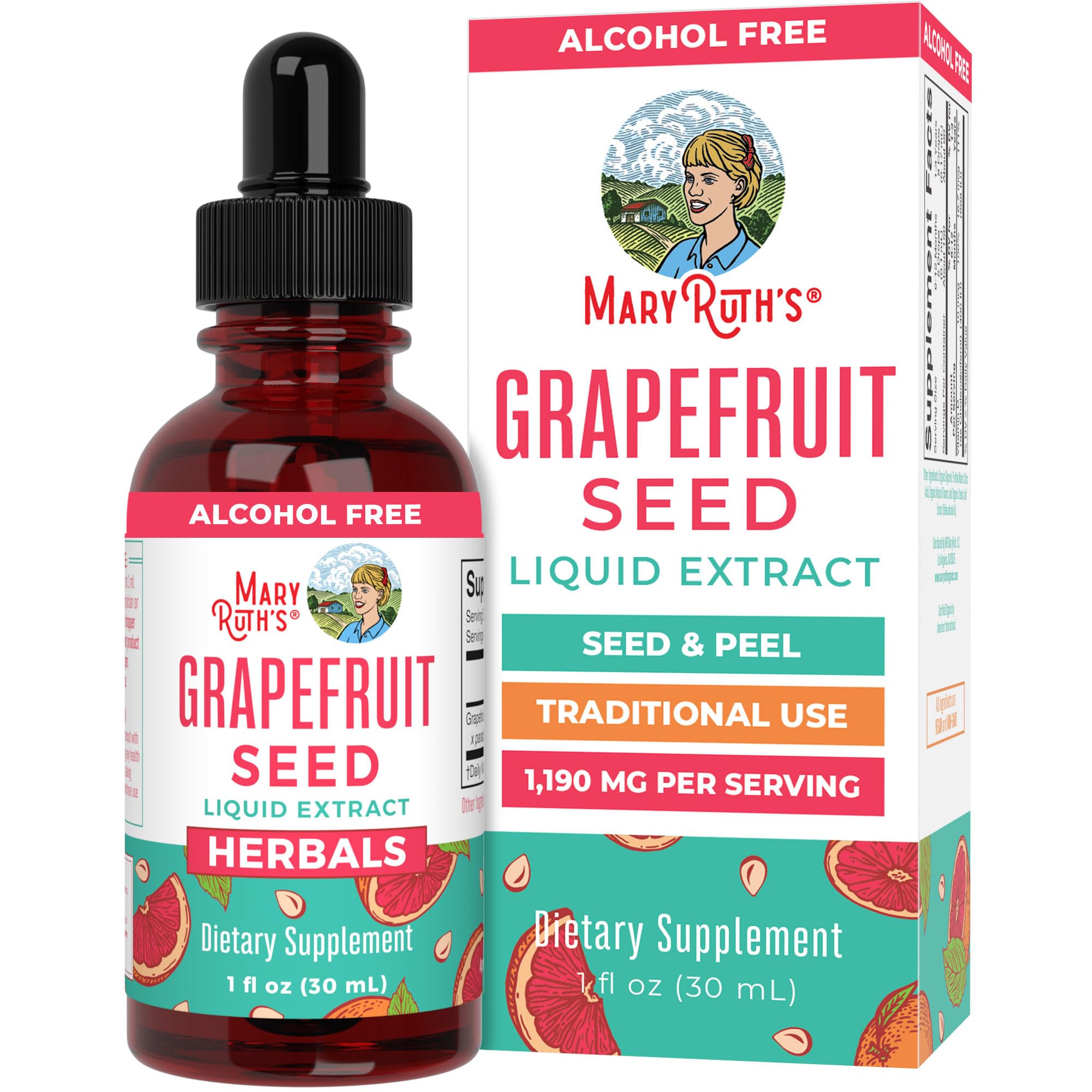 MaryRuth's Gotas de extracto de pomelo, frasco visible, uso diario posible.