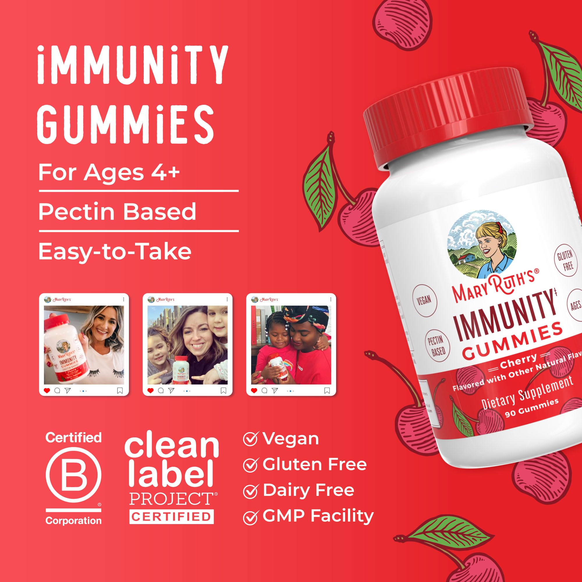 MaryRuth's Immunity Gummies packaging beside fresh cherries for flavor cue