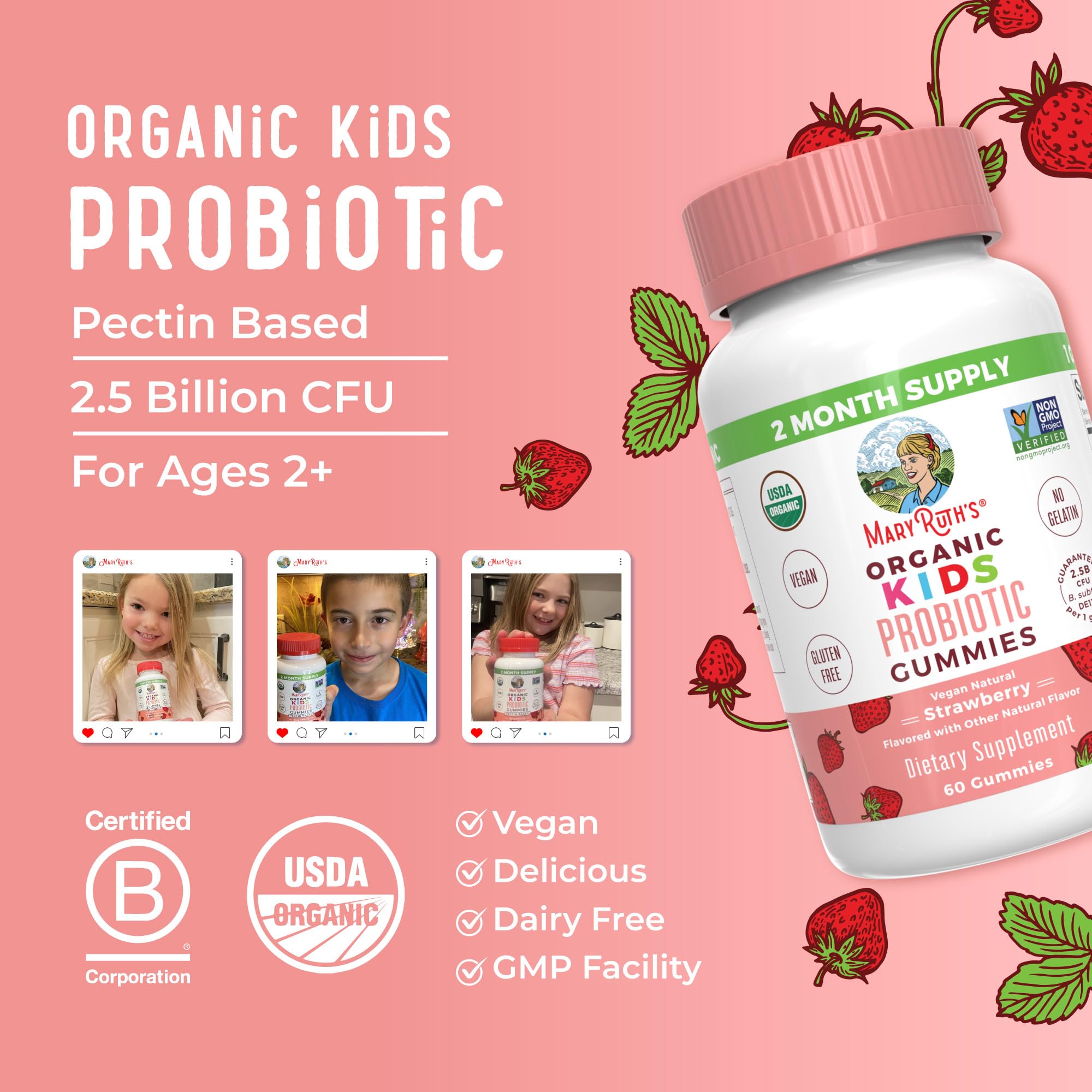 MaryRuth's Kids Probiotics bottle indicates a 60-serving two-month supply.
