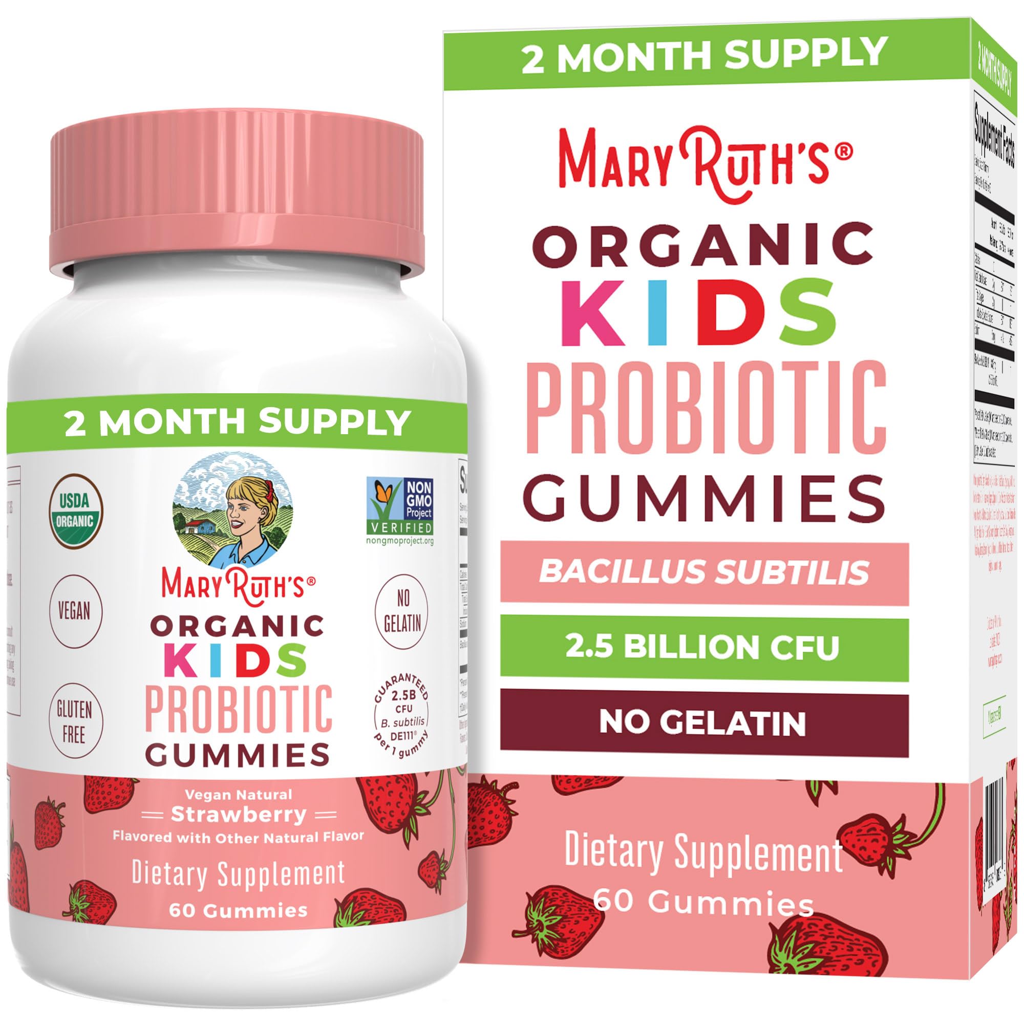 MaryRuth's Kids Probiotics bottle highlights digestive health support for daily use.