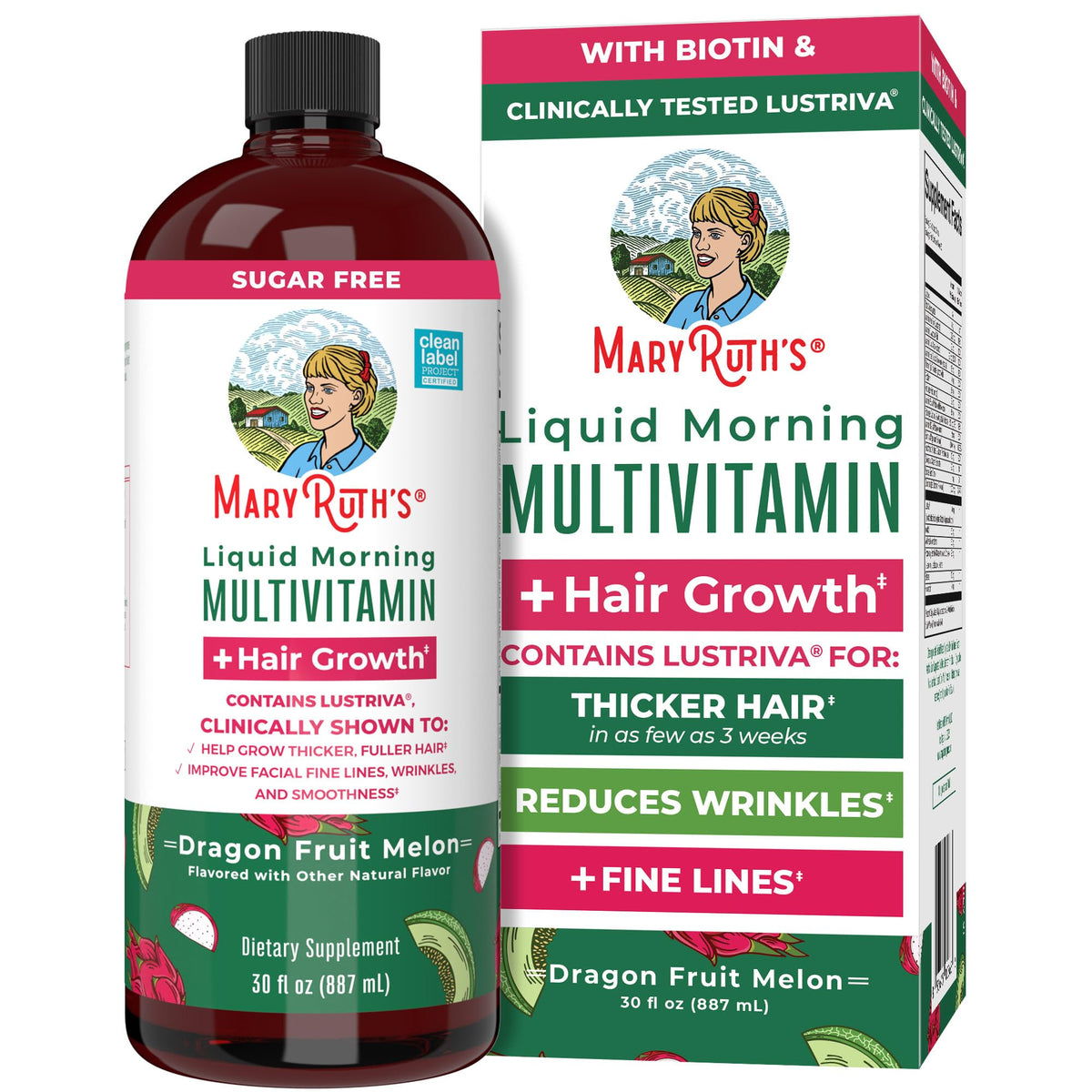 MaryRuth's Liquid Multivitamin bottle shows hair growth support and daily wellness boost.