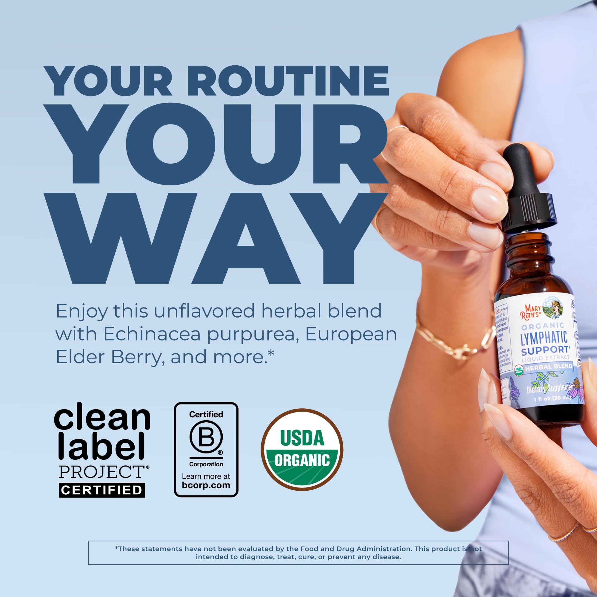 MaryRuth's Lymphatic Support drops label highlights herbal blend for daily wellness.