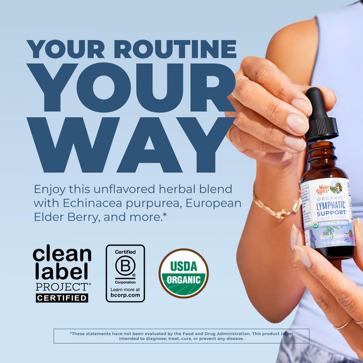 MaryRuth's Lymphatic Support drops label highlights herbal blend for daily wellness.