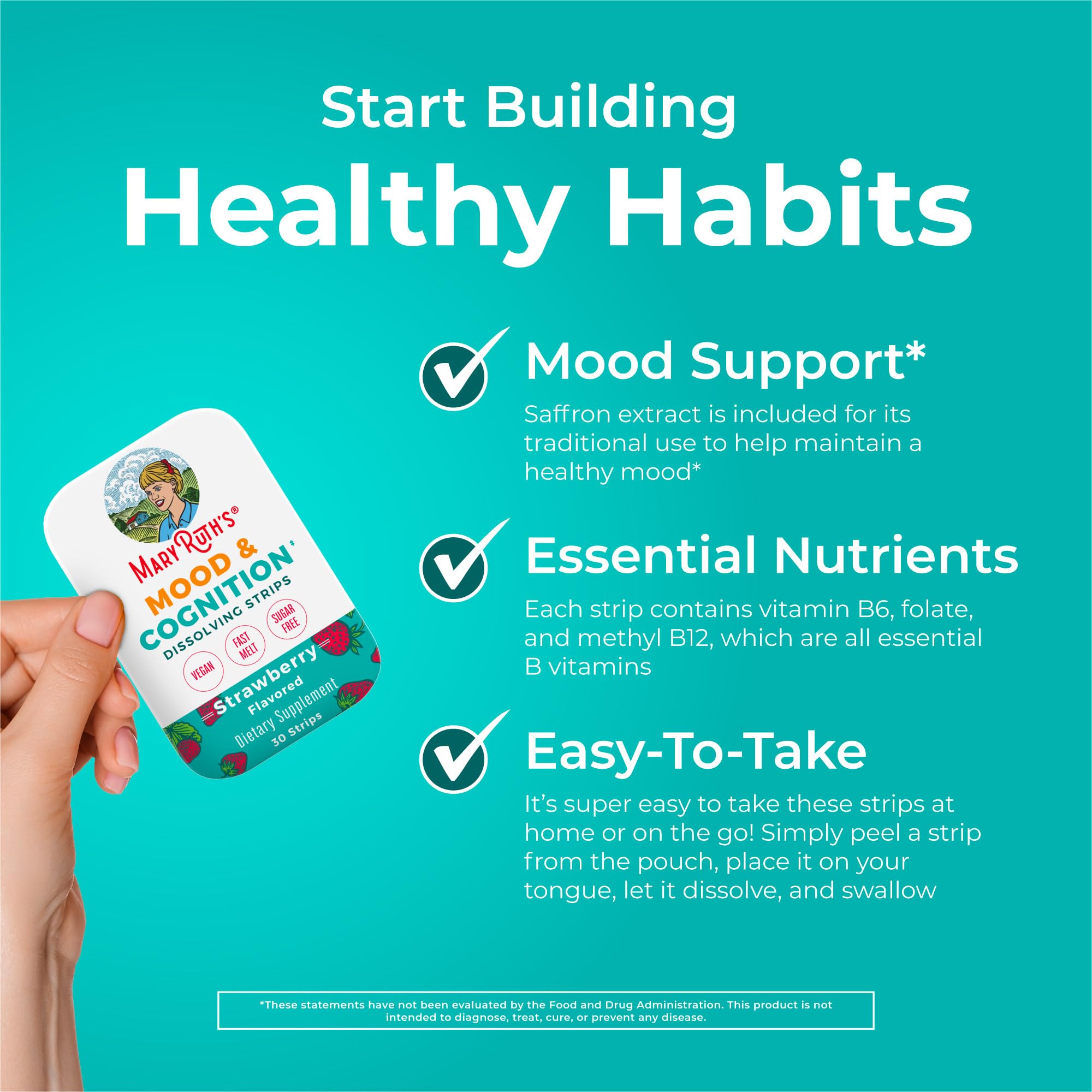 MaryRuth's Mood & Cognition dissolving strips highlight saffron stigma extract.