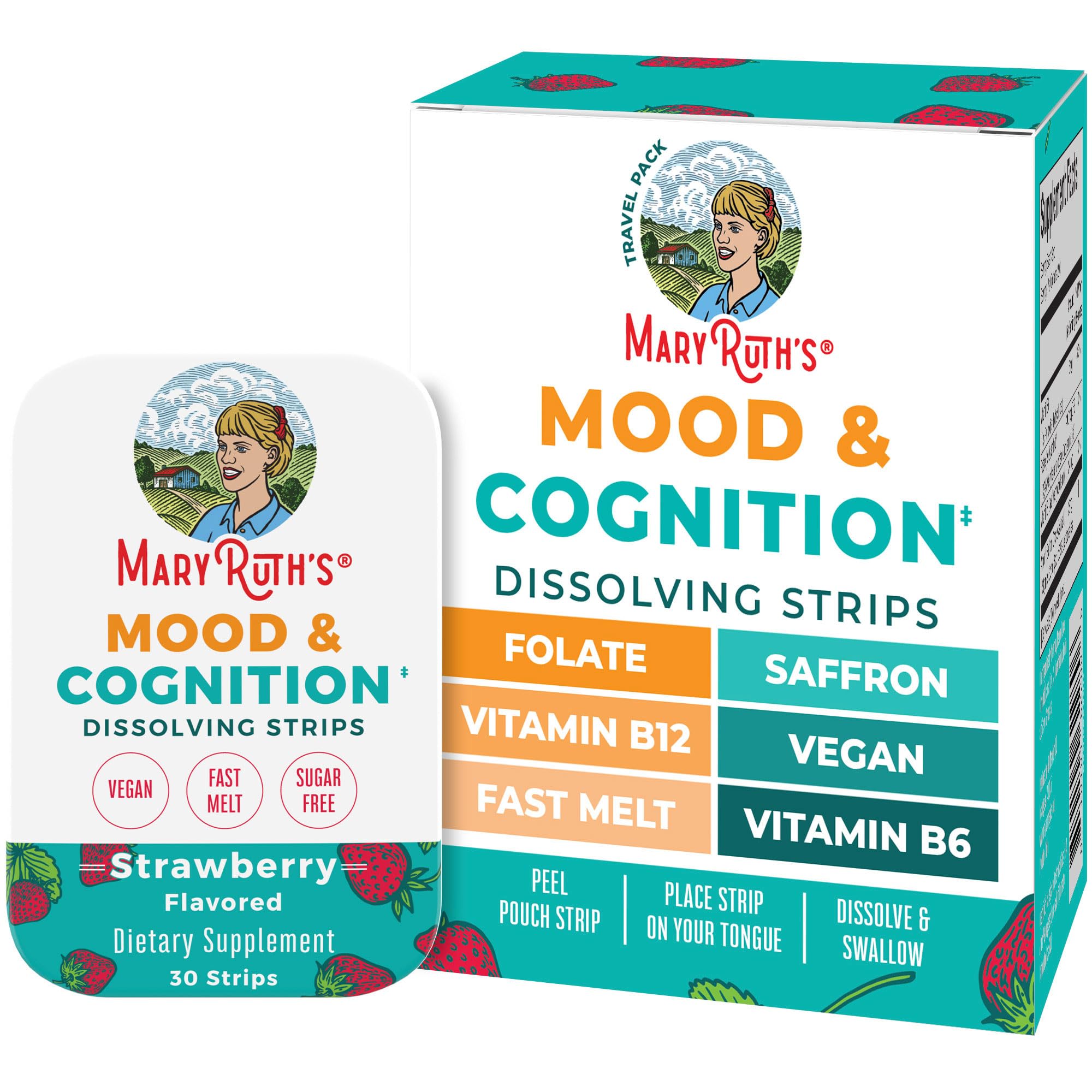 MaryRuth's Mood & Cognition dissolving strip in pouch for on-the-go mood balance.