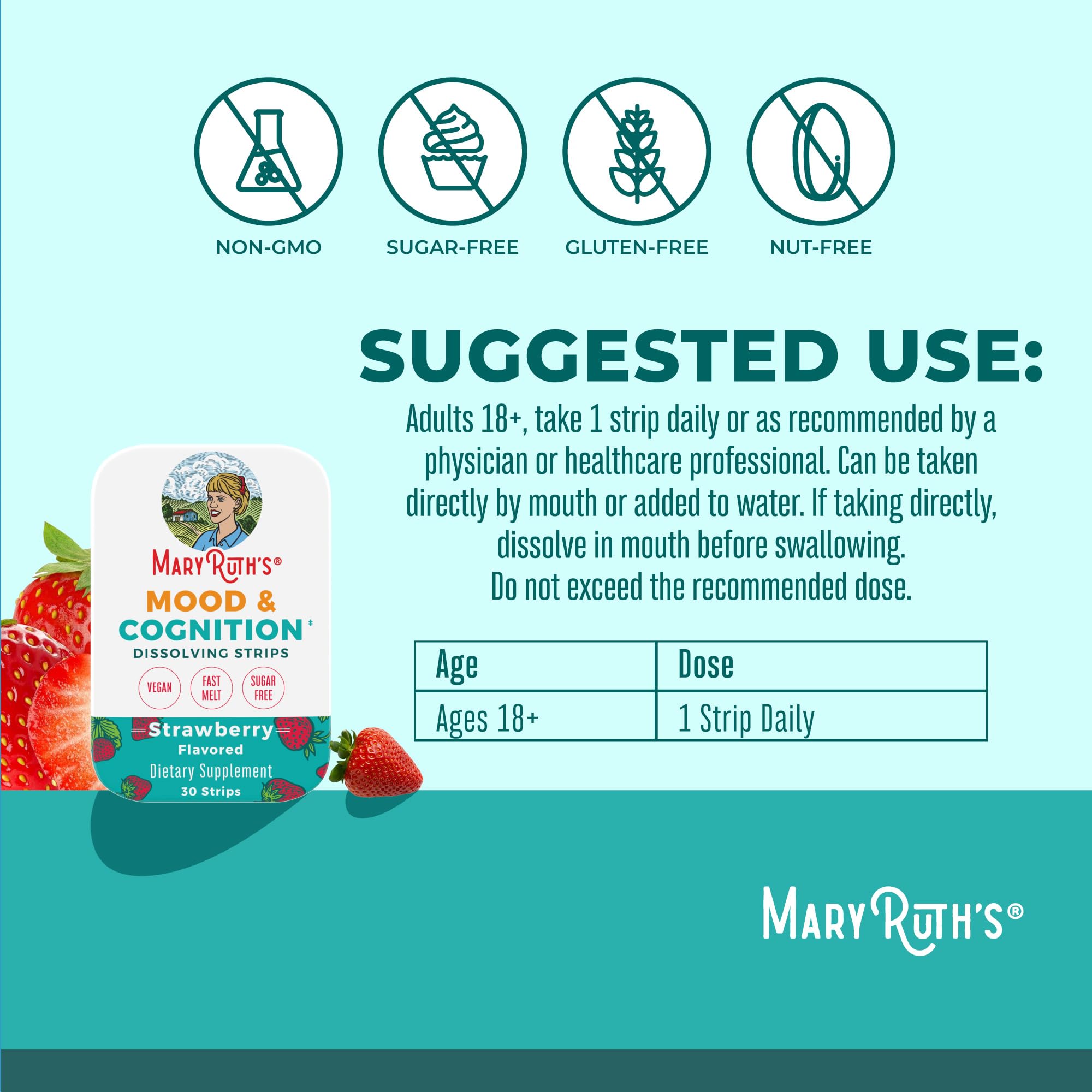 MaryRuth's Mood & Cognition dissolving strip with strawberry flavor for daily use.