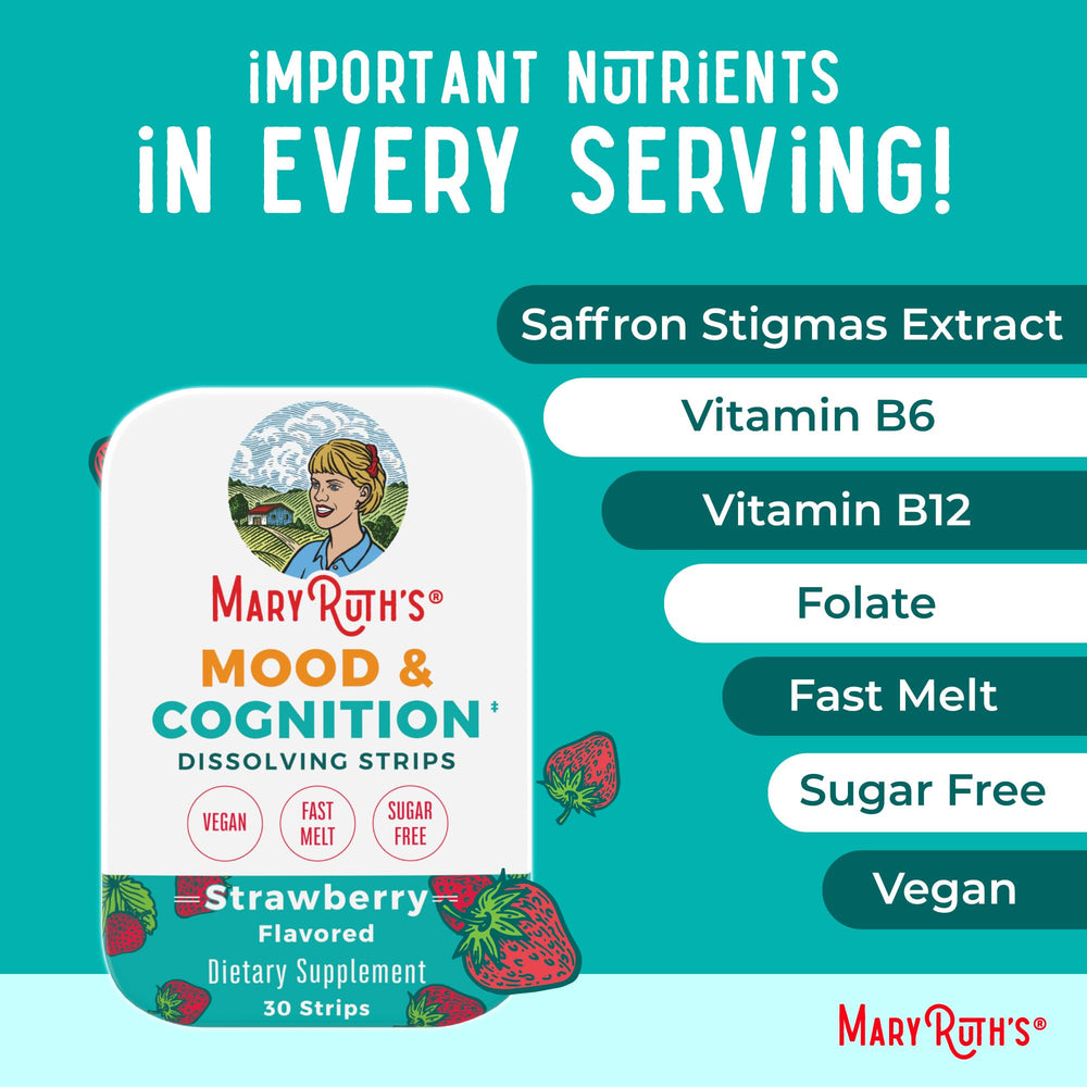 MaryRuth's Mood & Cognition vegan dissolving strip for plant-based lifestyles.