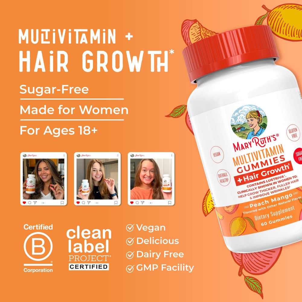 MaryRuth's Multivitamin Hair Growth Gummies GMP-certified production badge visible.