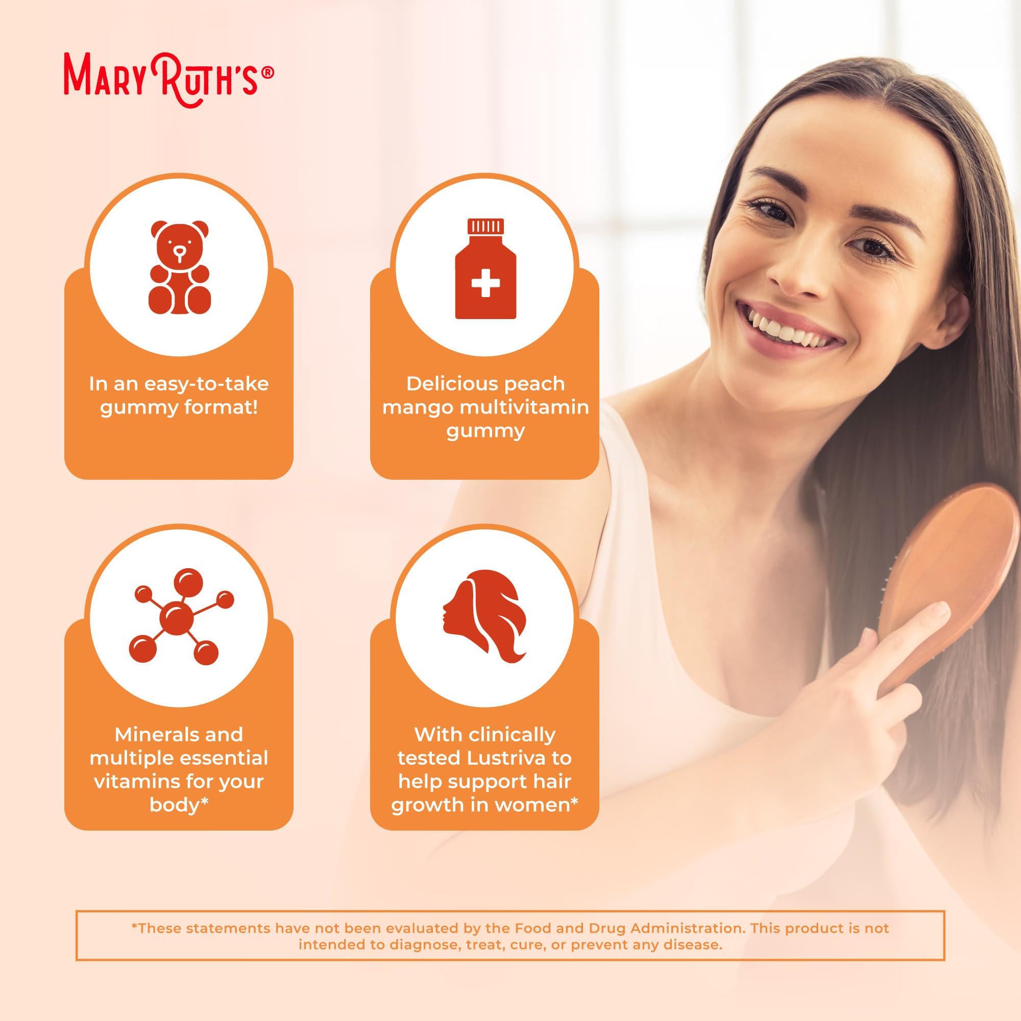 MaryRuth's Multivitamin Hair Growth Gummies on vanity suggests skin health support.