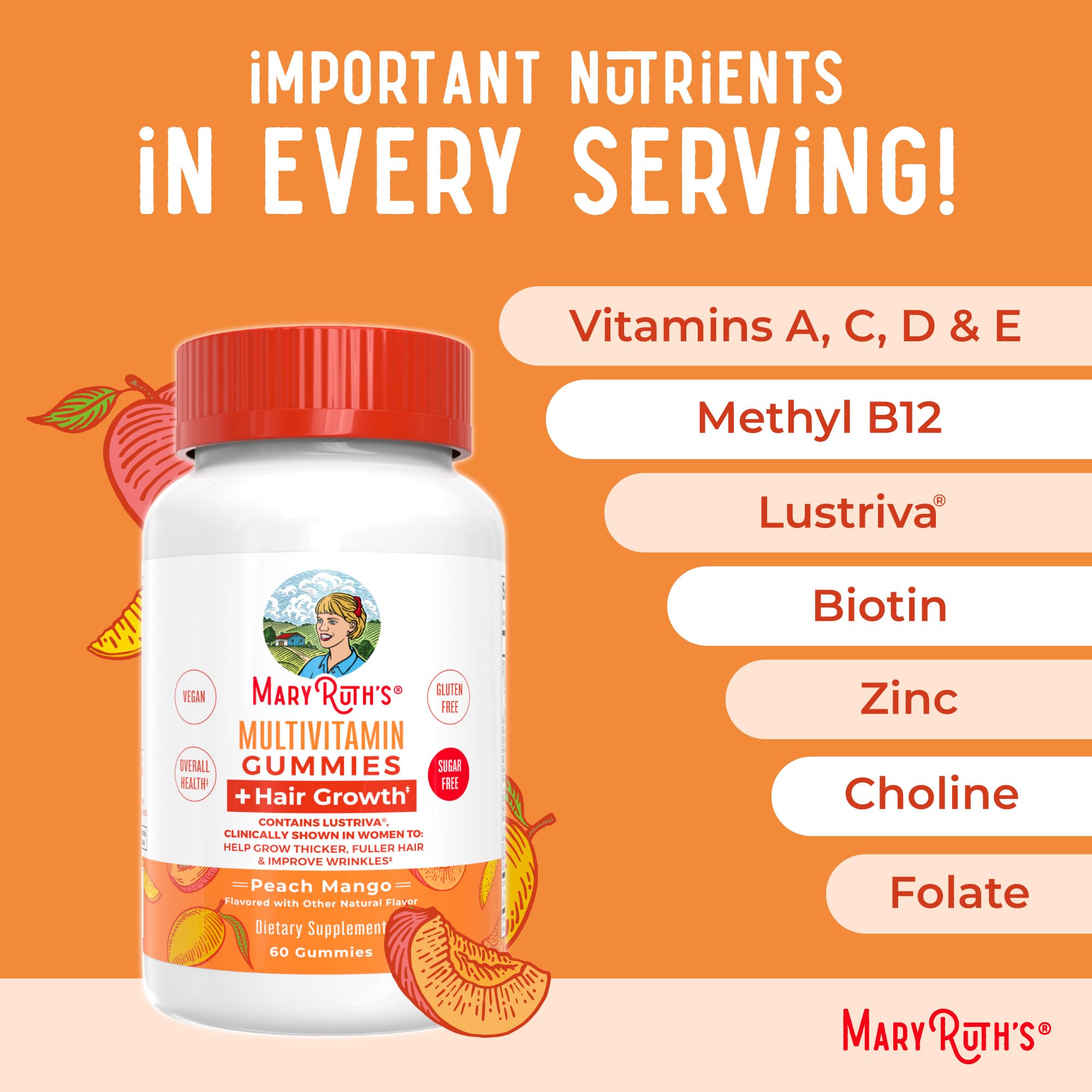MaryRuth's Multivitamin Hair Growth Gummies jar displays vegan and clean-label symbols.