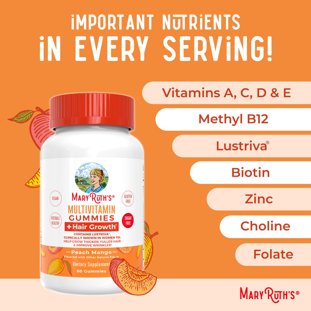 MaryRuth's Multivitamin Hair Growth Gummies jar displays vegan and clean-label symbols.