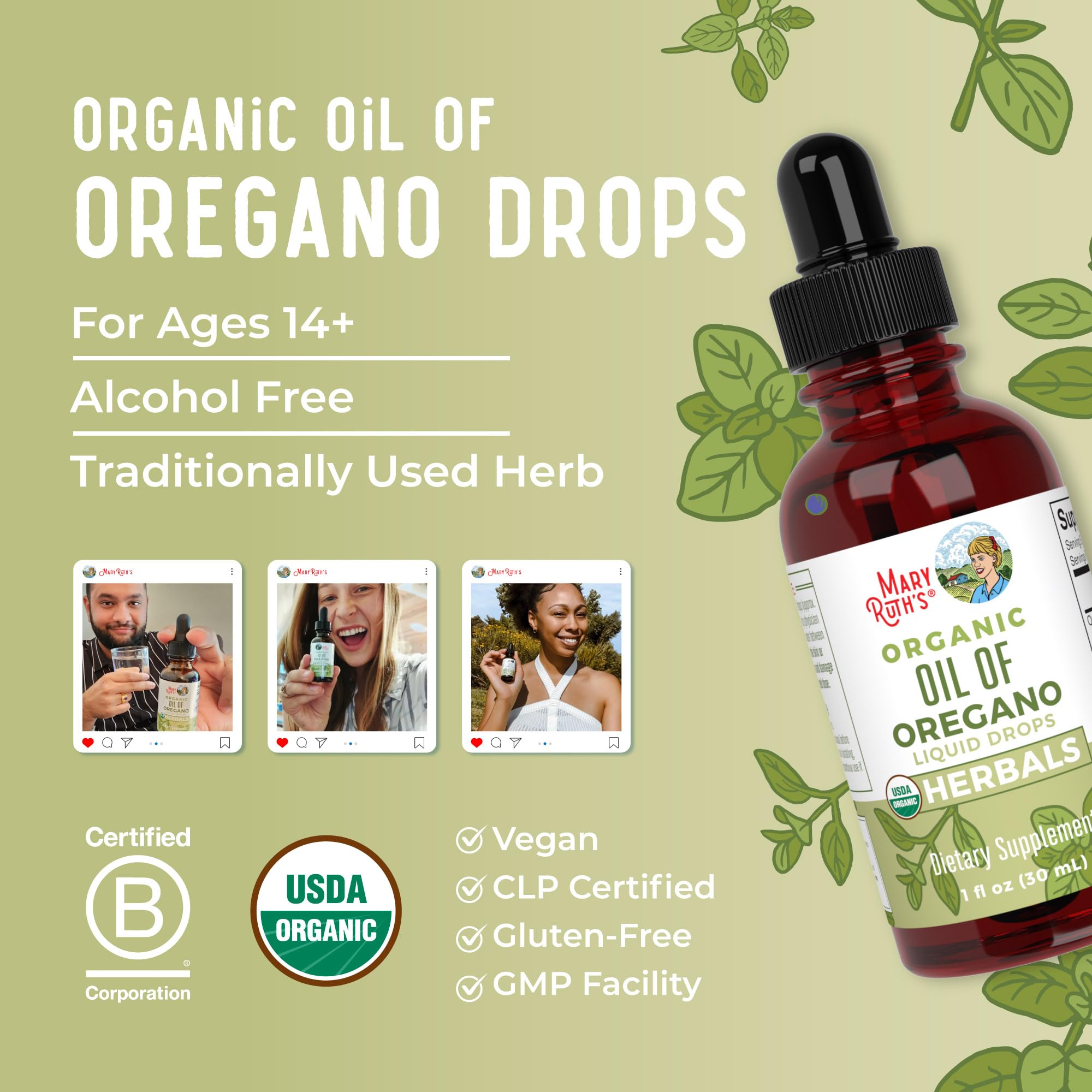 MaryRuth Organics oregano oil drops ingredients panel shows olive oil carrier.