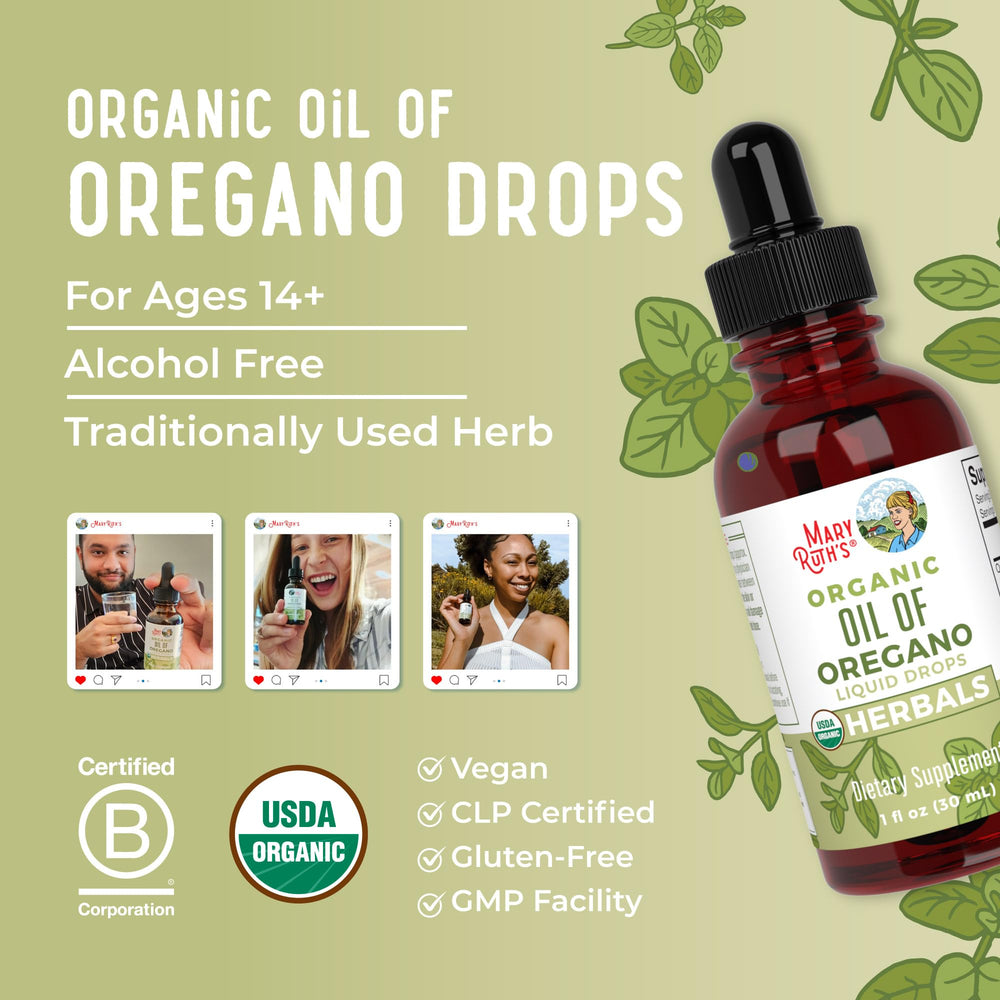MaryRuth Organics oregano oil drops ingredients panel shows olive oil carrier.