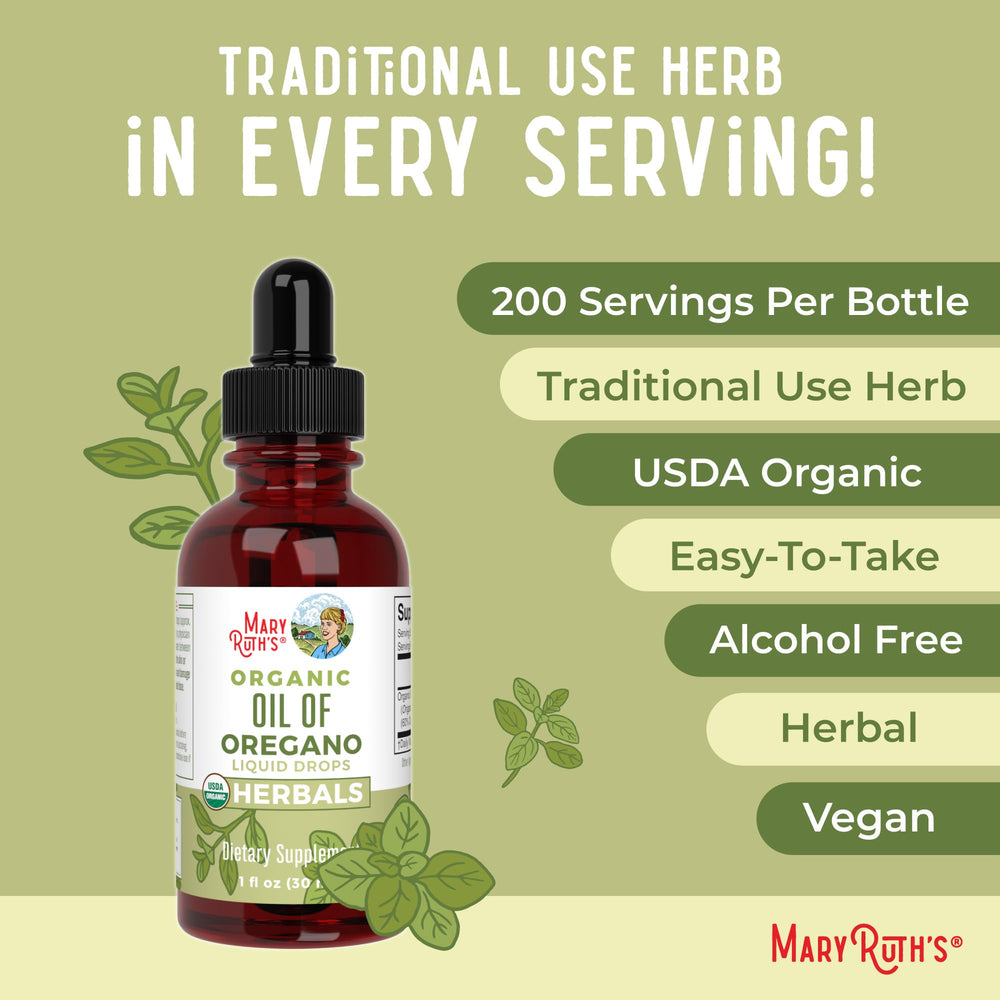 MaryRuth Organics oregano oil drops non-GMO badge confirms ingredient integrity.