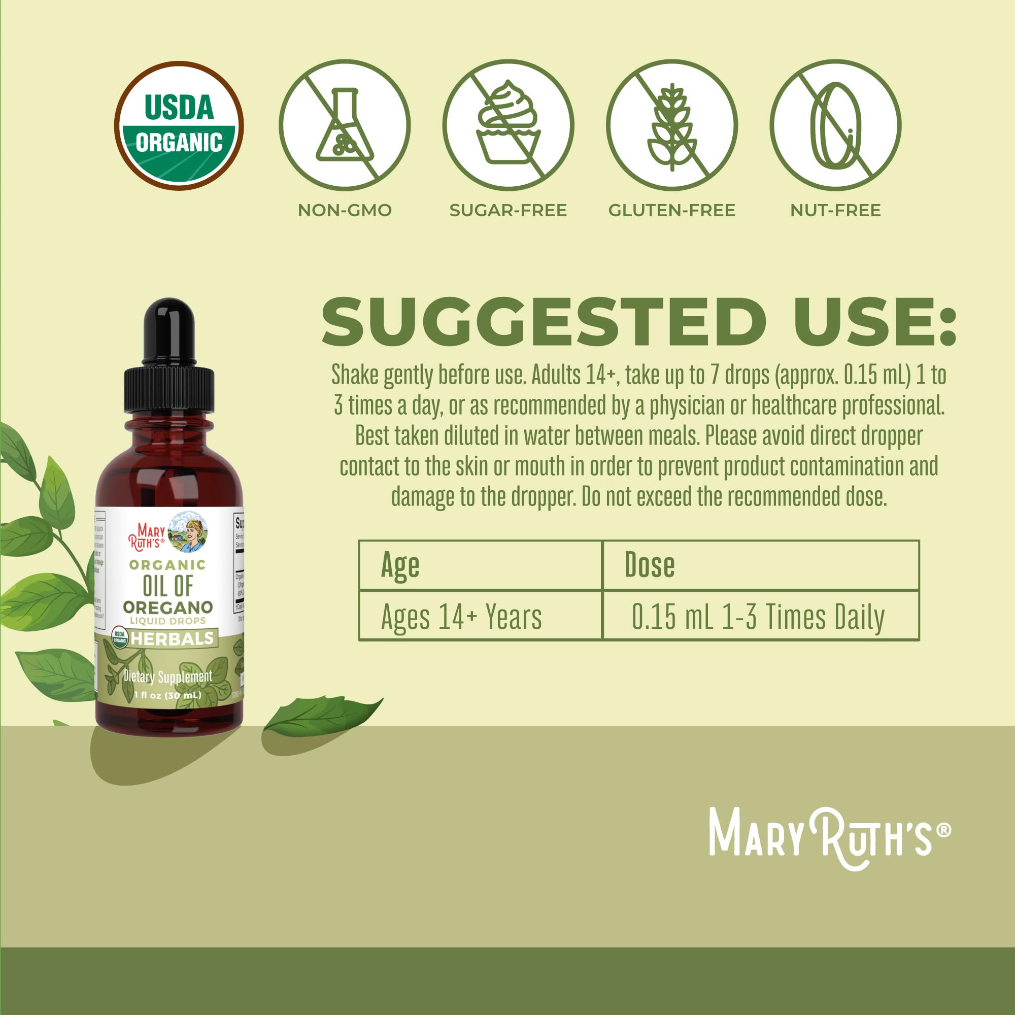 MaryRuth Organics oregano oil drops pour into water for easy dilution.