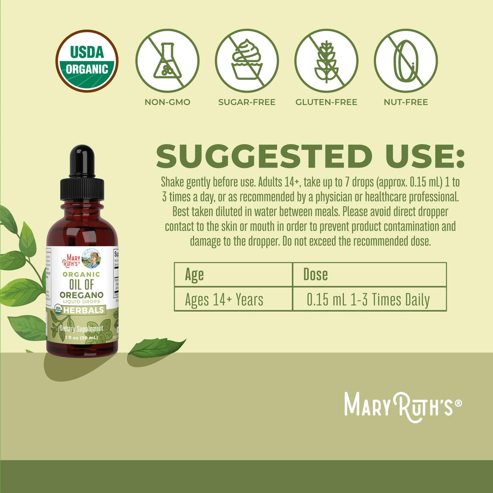 MaryRuth Organics oregano oil drops pour into water for easy dilution.