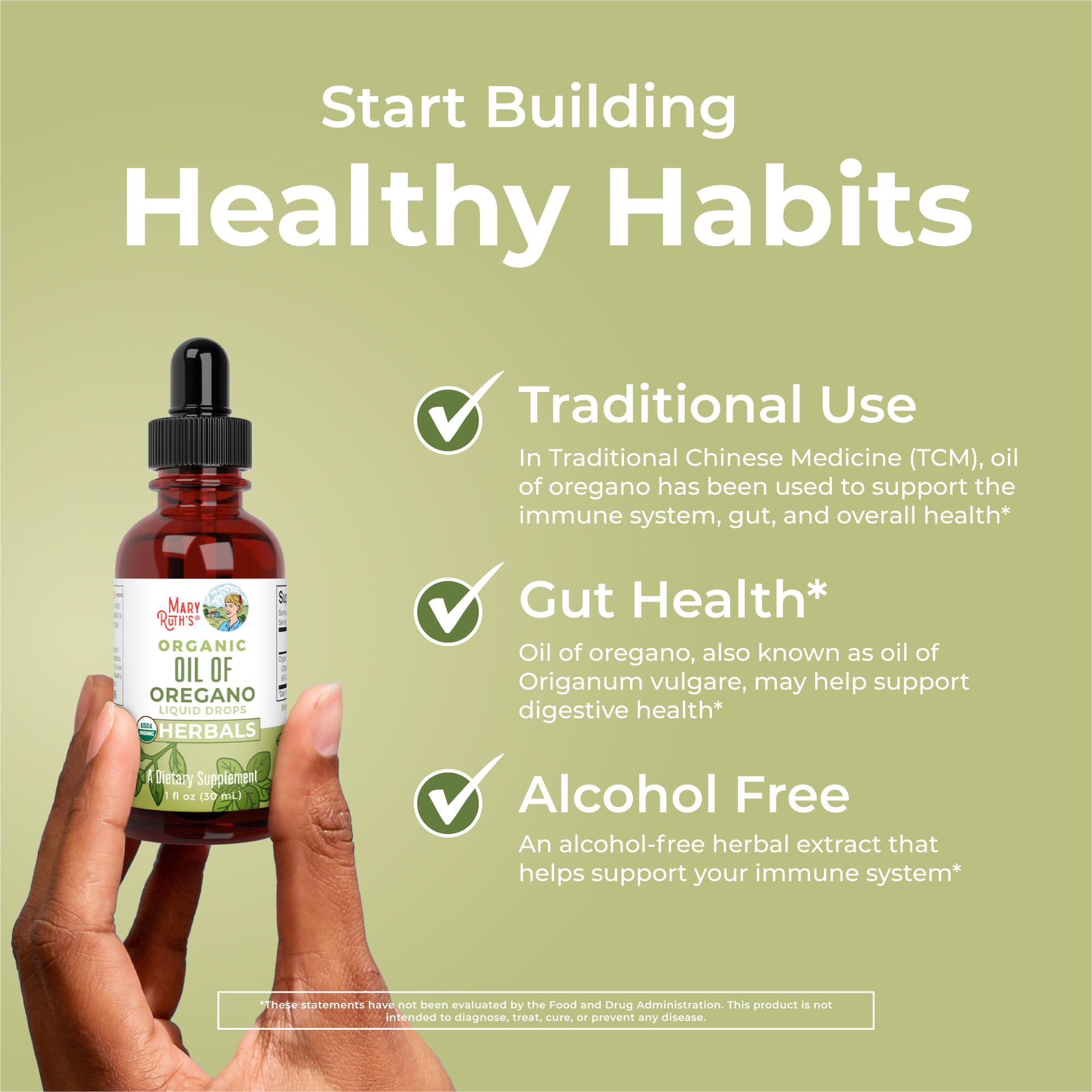 MaryRuth Organics oregano oil drops USDA Organic badge signals clean sourcing.