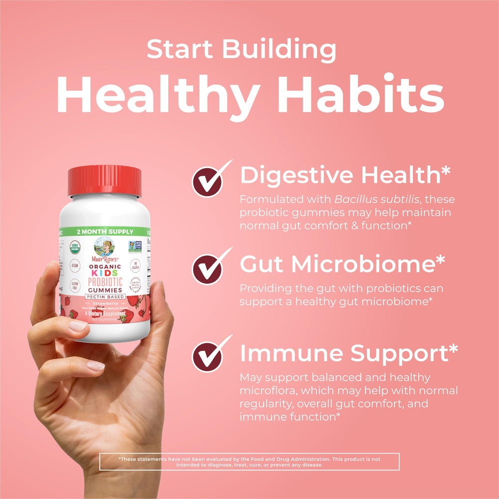 MaryRuth's Organics probiotics for ages 2-13 shown in a colorful bottle.