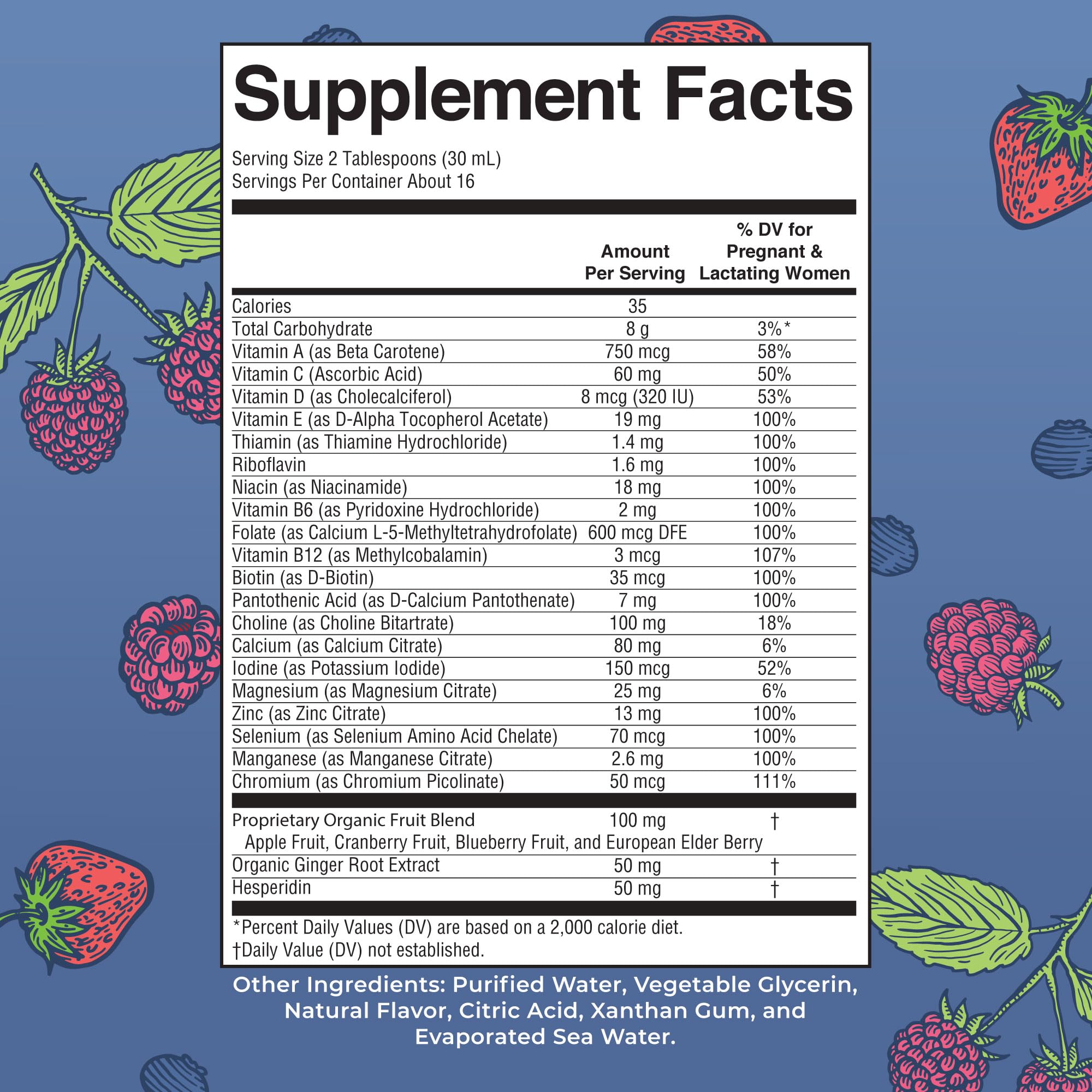 Close-up of MaryRuth's label highlighting berry flavor and vitamin blend.