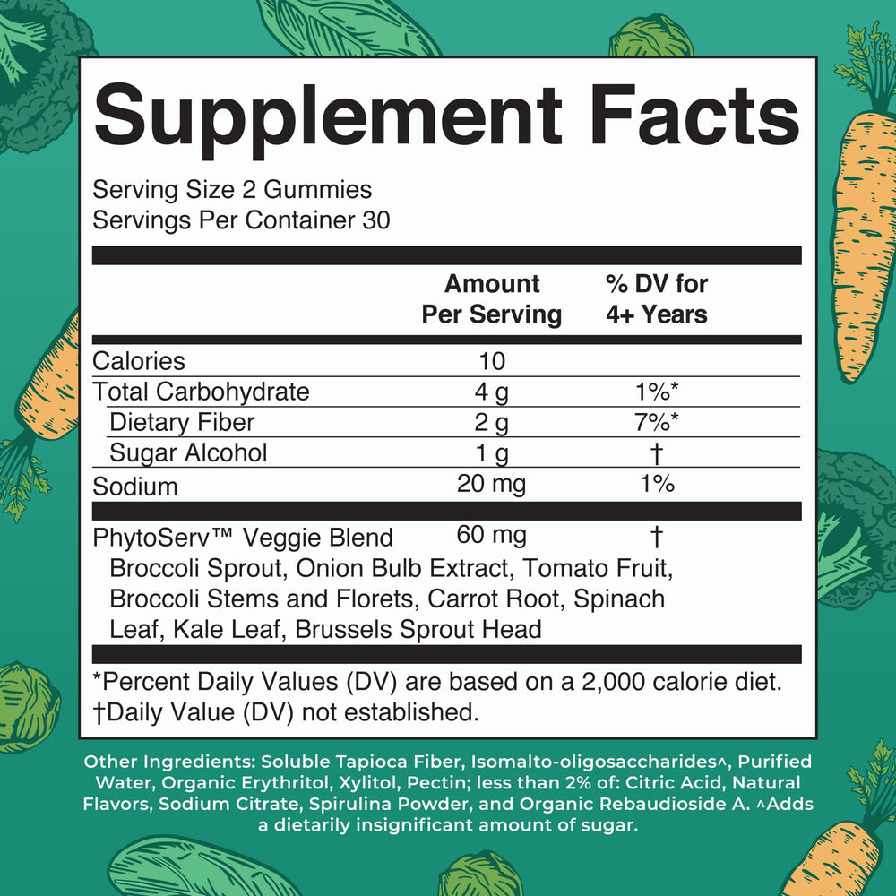 MaryRuth's Super Greens Gummies bottle back shows vegan, sugar-free formula.