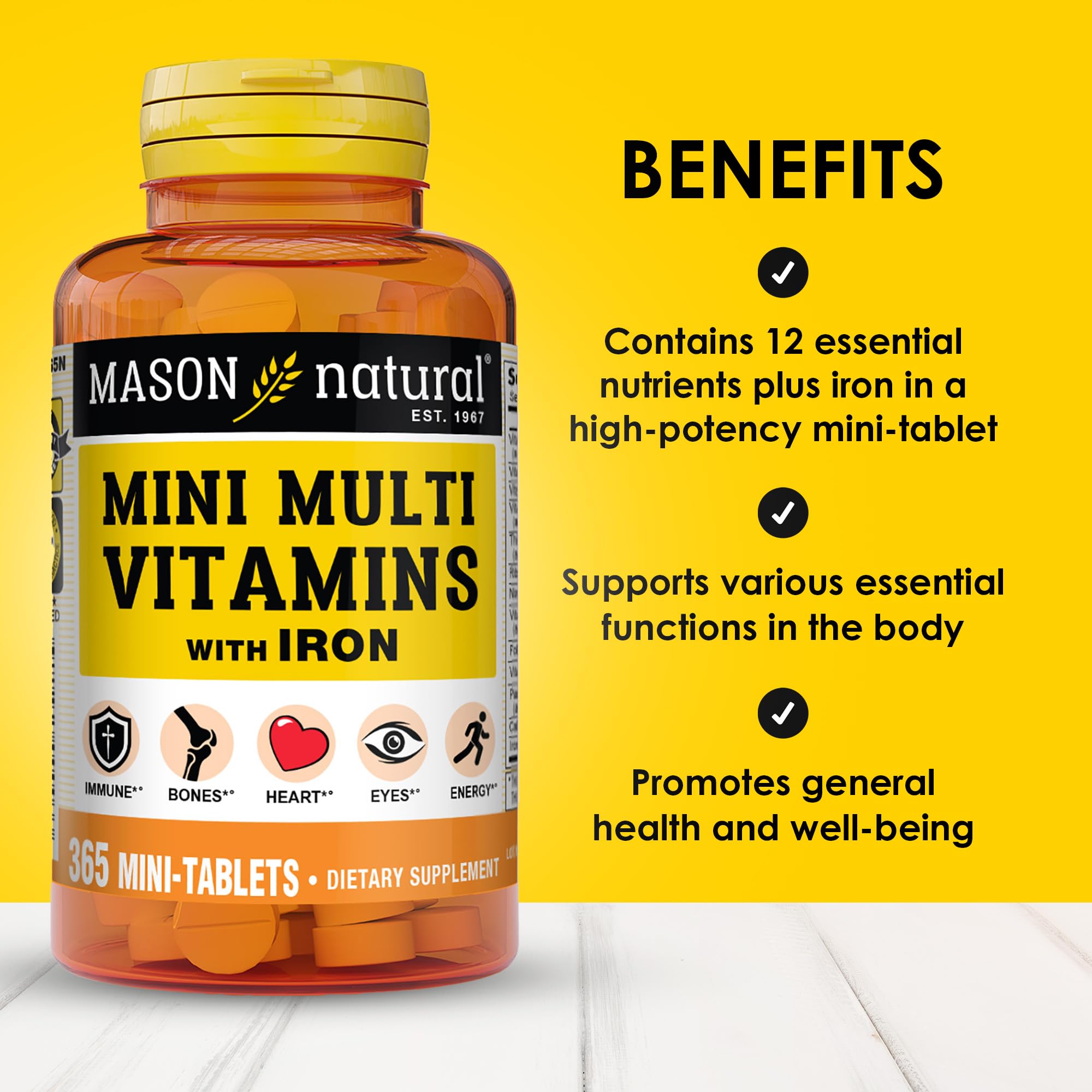 Mason Natural 12 nutrientes esenciales y calcio, base de la nutrición diaria.