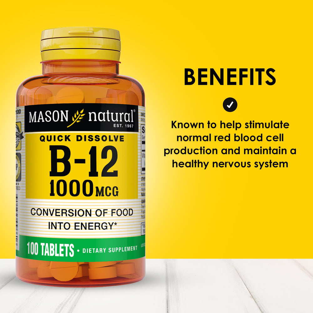 Mason Natural Vitamin B12 tablet dissolving under tongue for fast absorption.